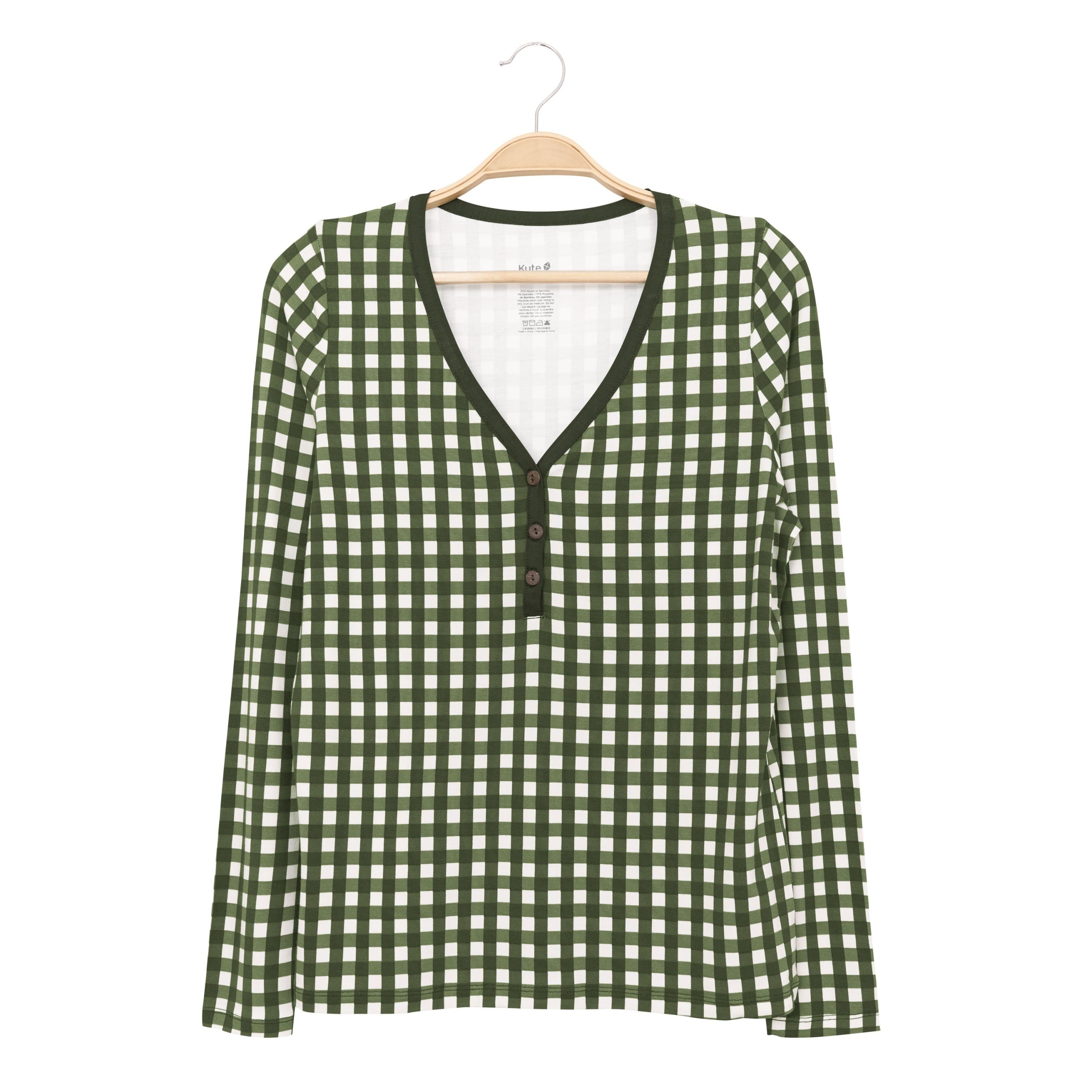 Women's Long Sleeve Henley Tee in Gingham Fir