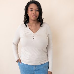 Women's Long Sleeve Henley Tee in Bisque