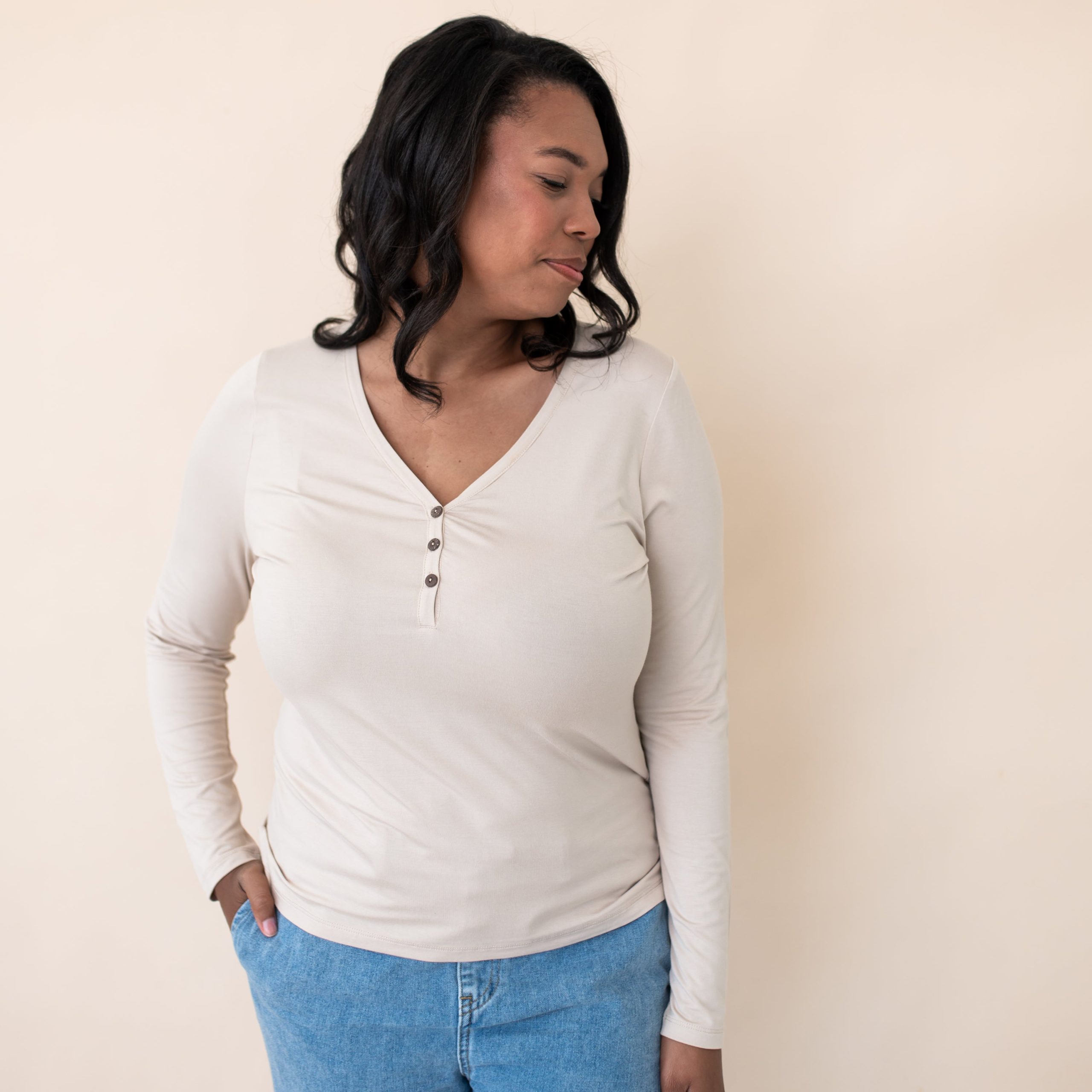 Women's Long Sleeve Henley Tee in Bisque - Image 2
