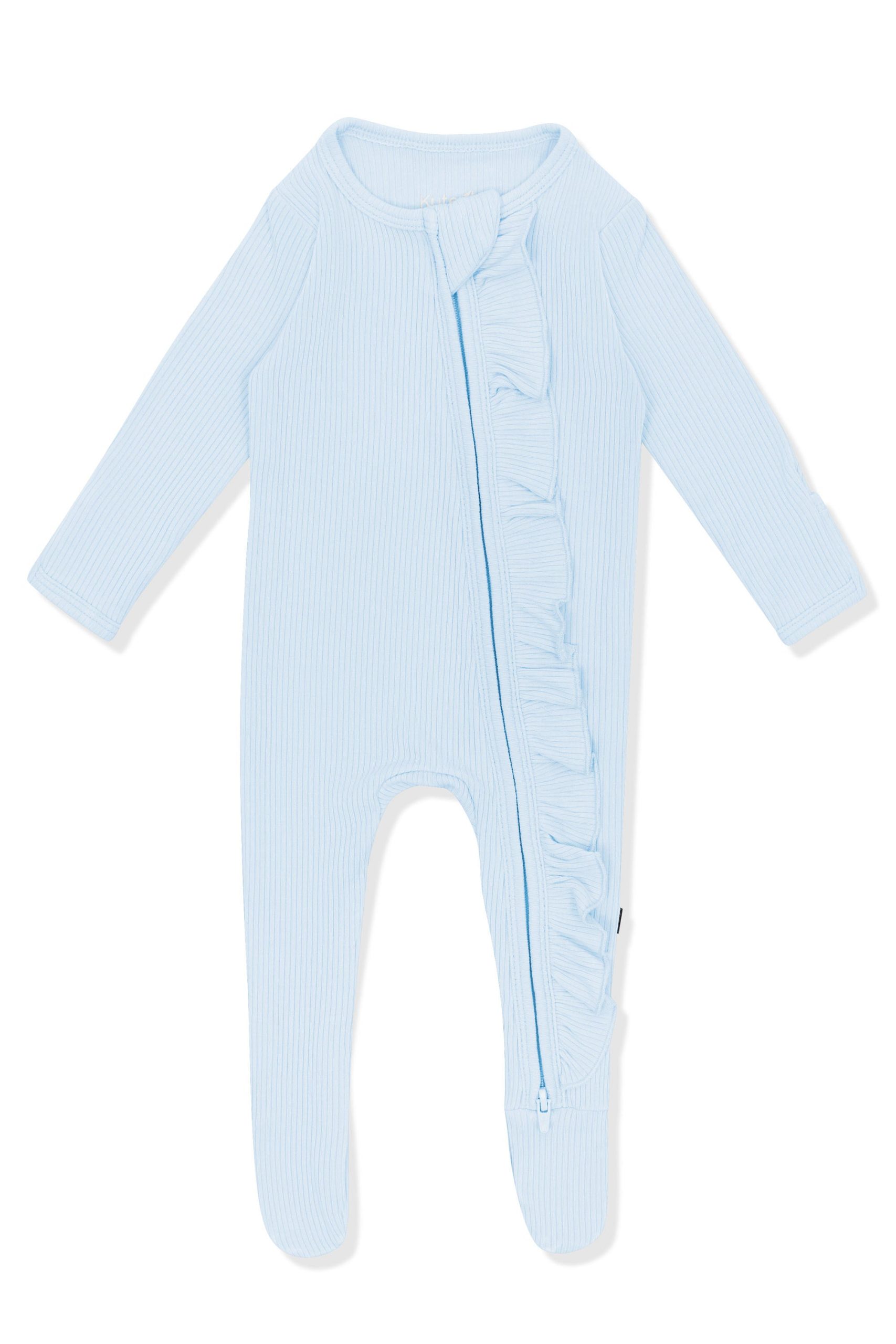 Ribbed Ruffle Zipper Footie in Breeze - Image 2