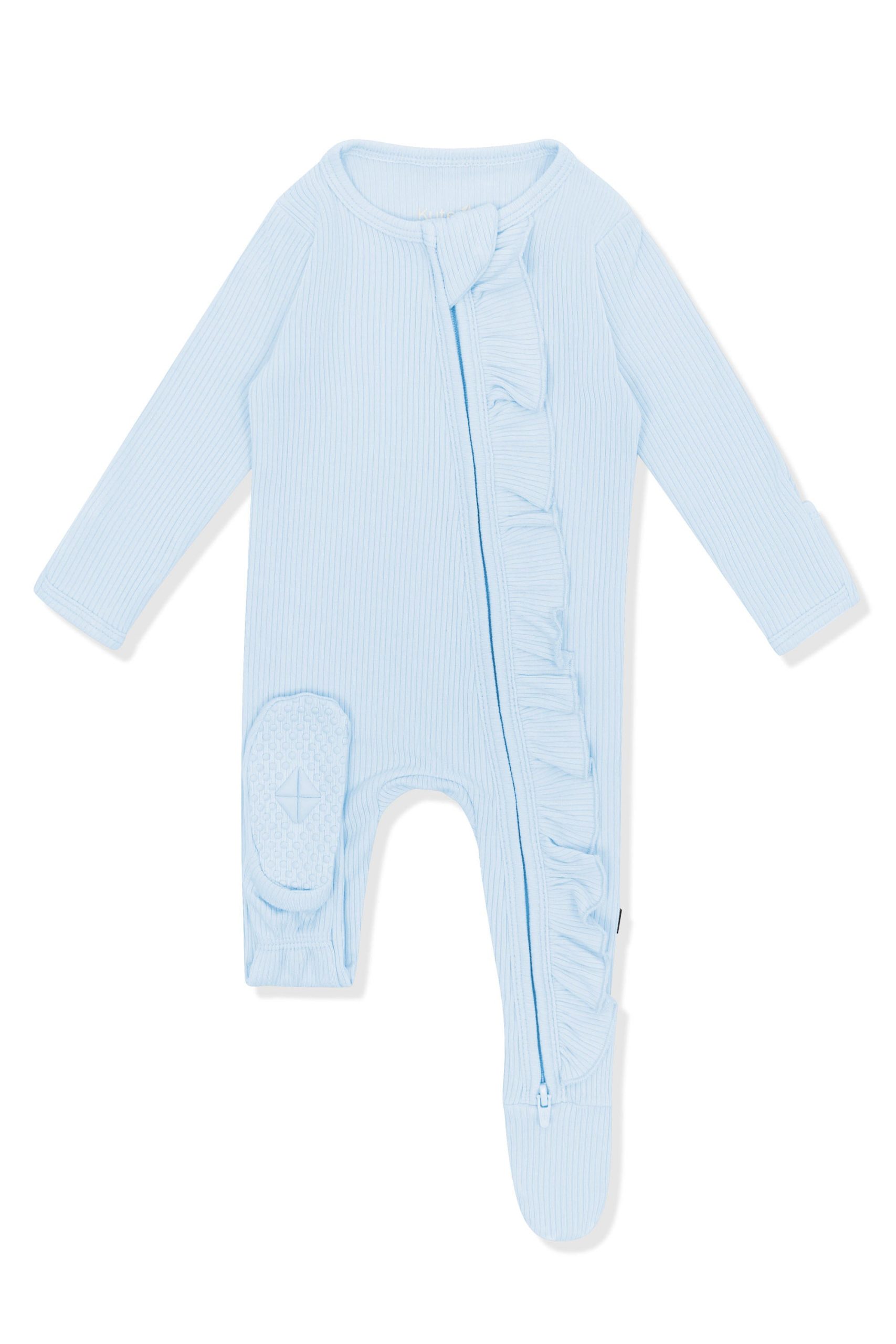 Ribbed Ruffle Zipper Footie in Breeze - Image 8