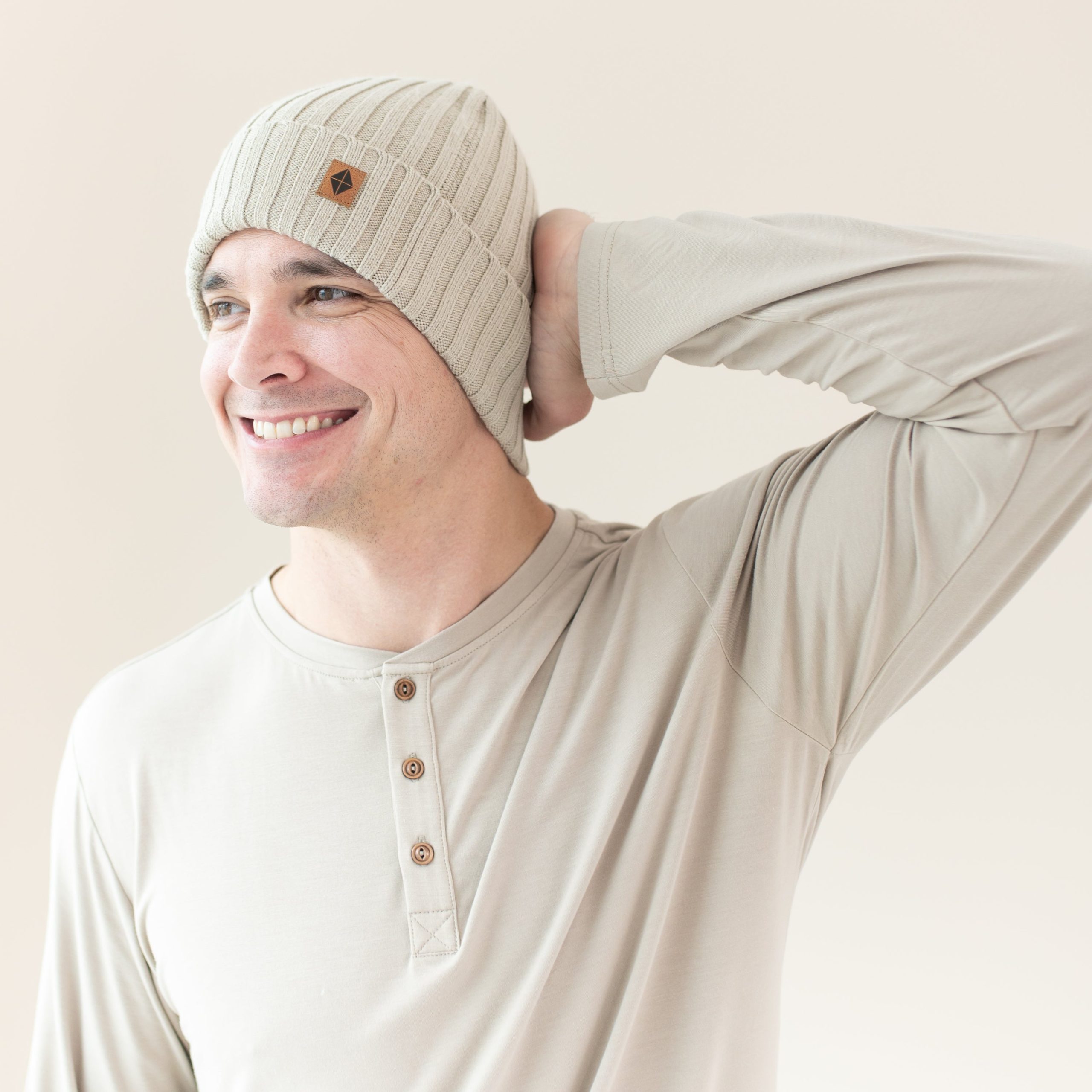 Chunky Knit Adult Ribbed Beanie in Almond - Image 3