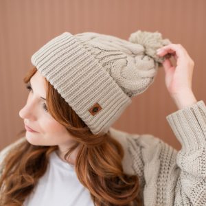 Cable Knit Adult Pom Beanie in Almond