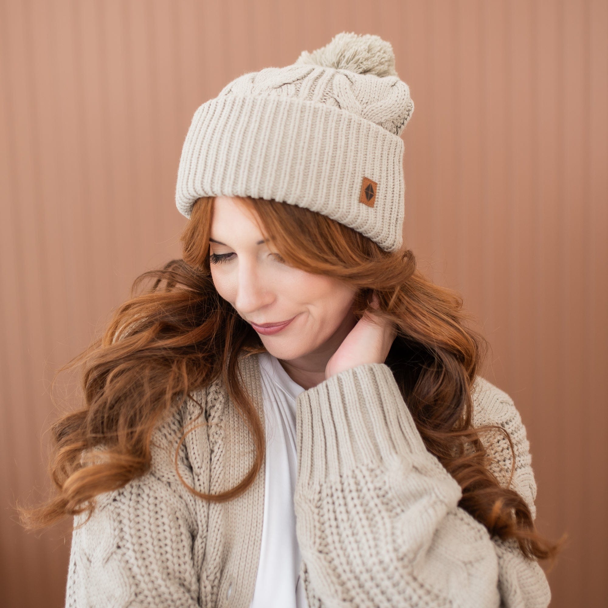 Cable Knit Adult Pom Beanie in Almond - Image 3