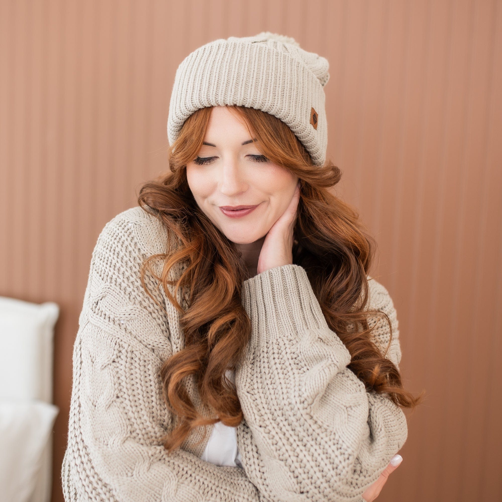 Cable Knit Adult Pom Beanie in Almond - Image 4