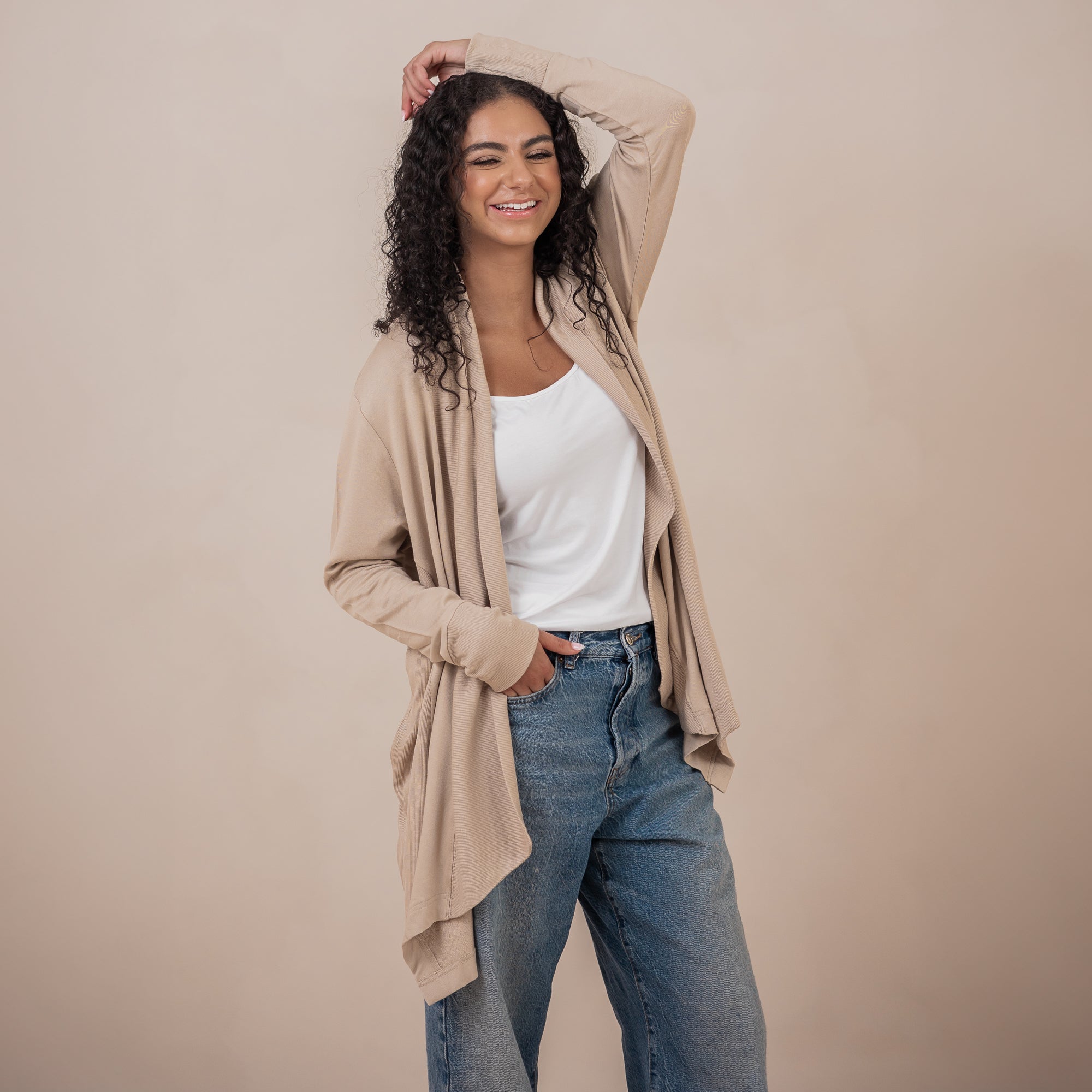 Women's French Terry Wrap Top in Almond - Image 2