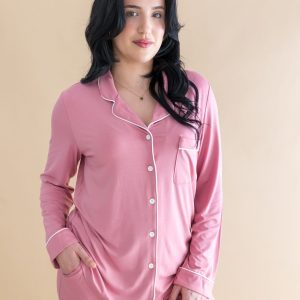 Long-Sleeved Women's Pajama Set in Apple Blossom with Cloud Trim