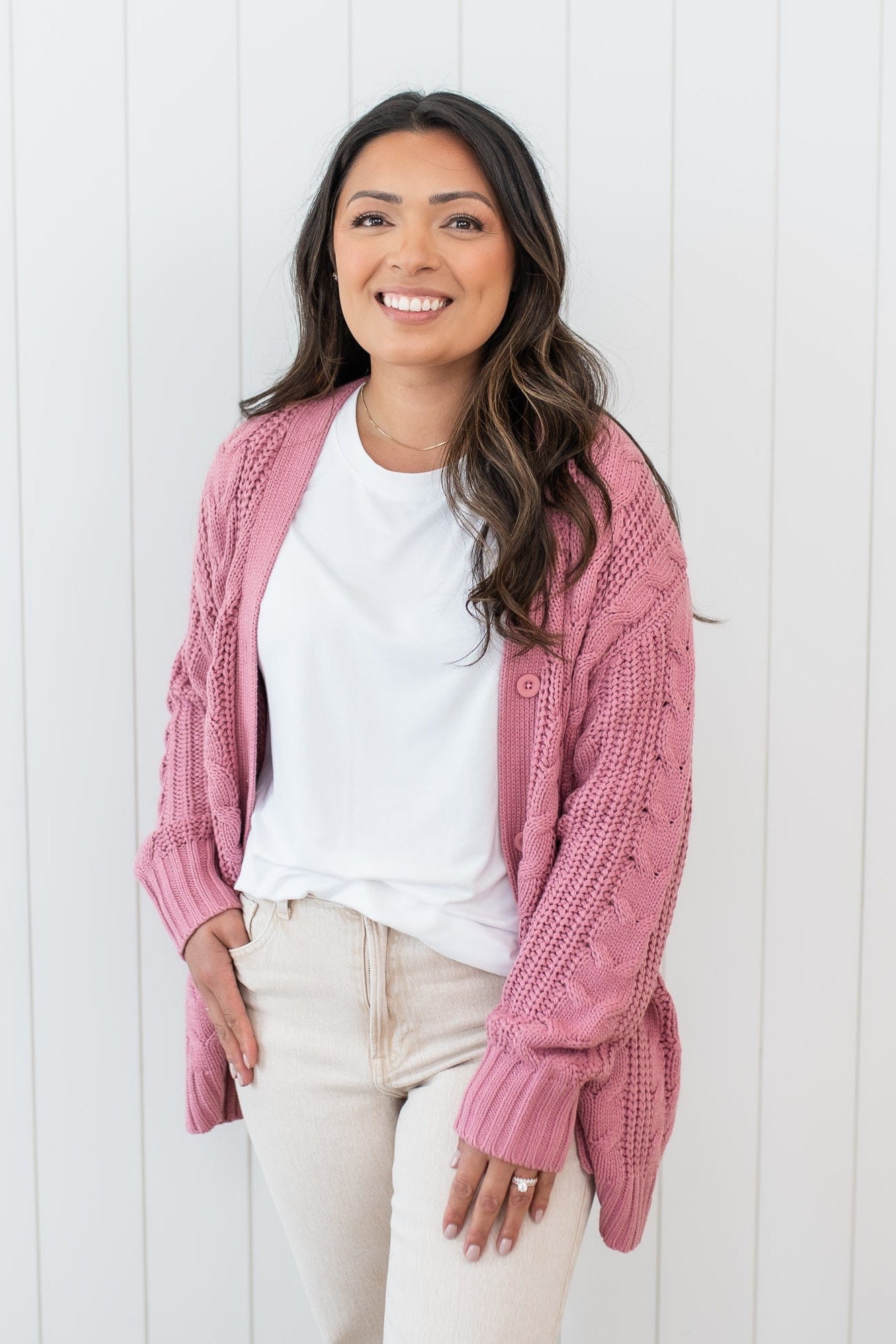 Cable Knit Adult Cardigan in Apple Blossom - Image 4