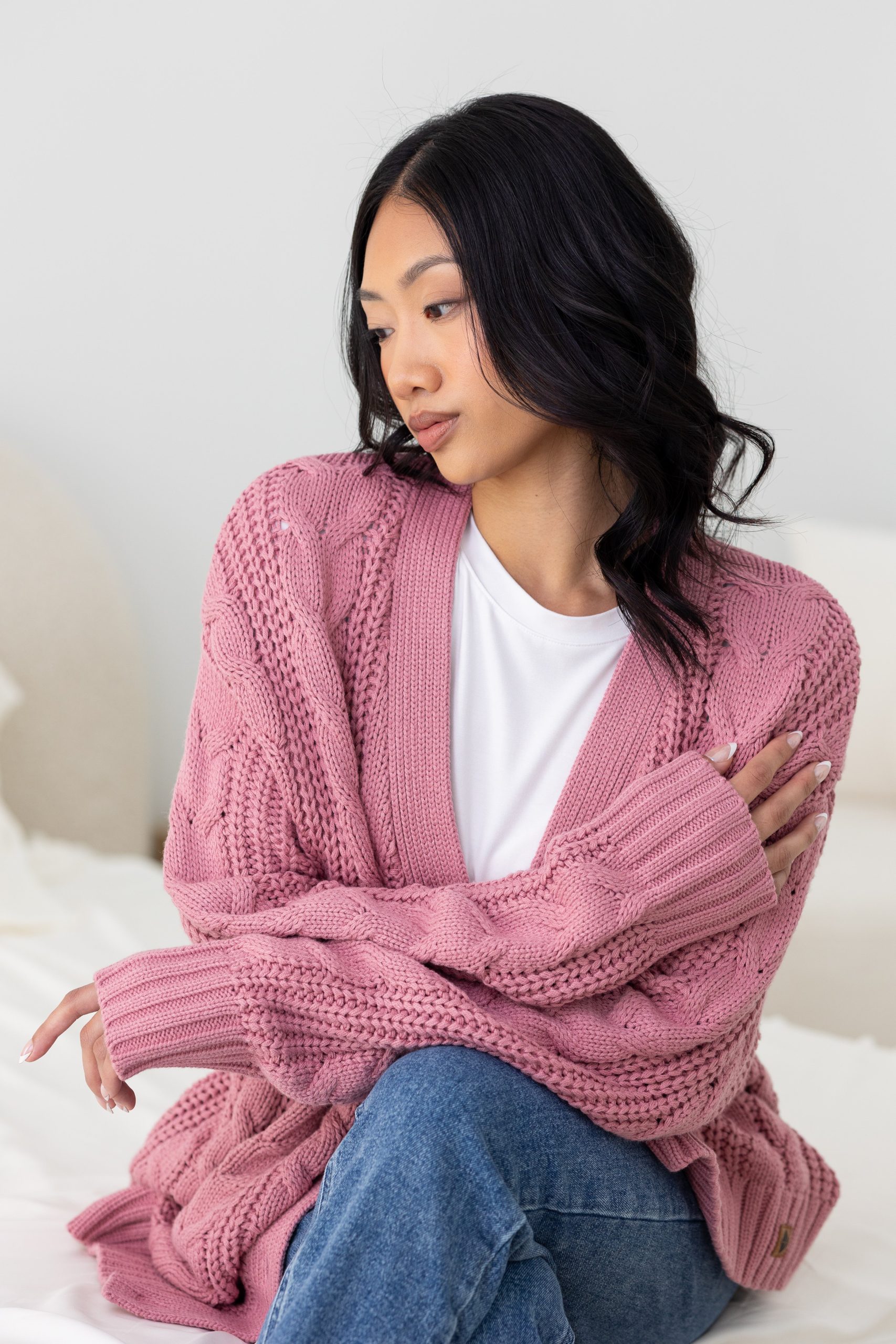 Cable Knit Adult Cardigan in Apple Blossom - Image 3