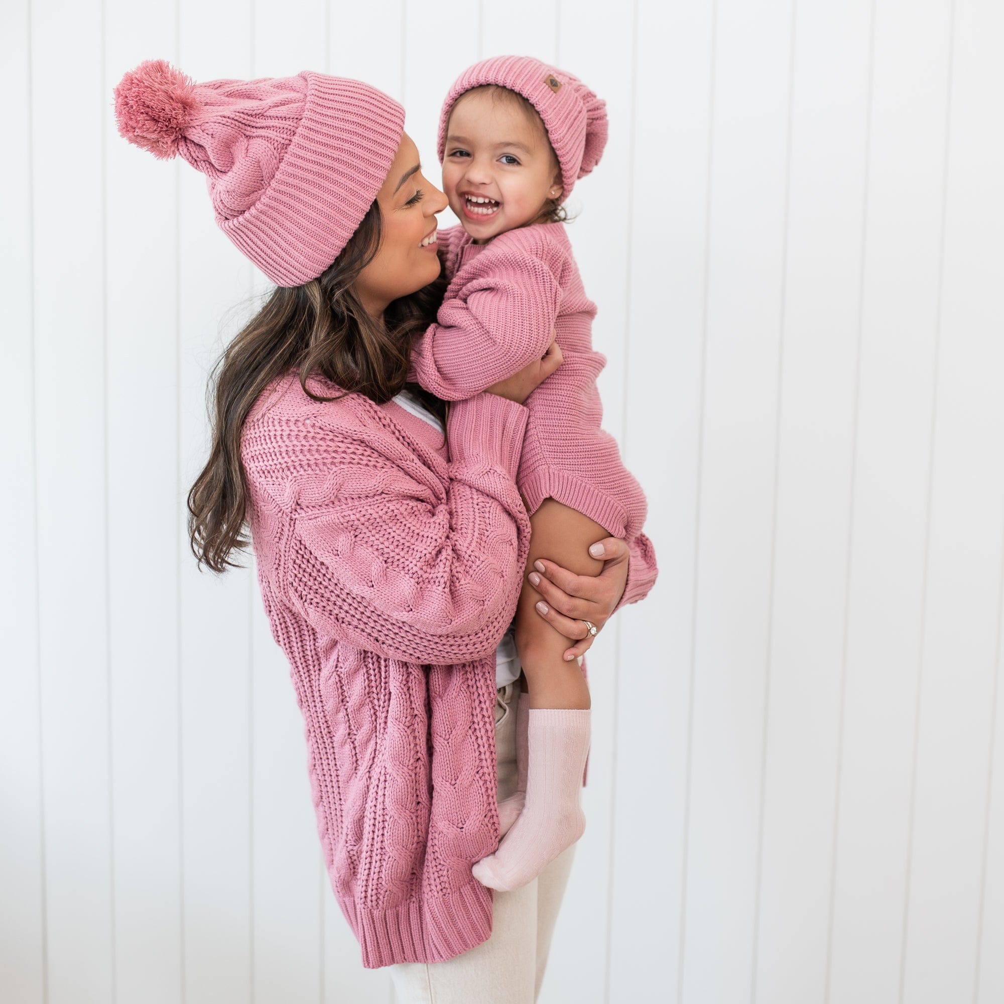 Cable Knit Adult Pom Beanie in Apple Blossom - Image 3