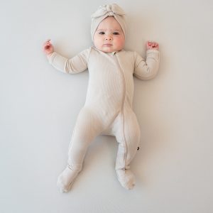 Ribbed Zipper Footie in Bisque
