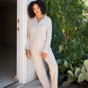 Long-Sleeved Women's Pajama Set in Bisque with Bisque Trim