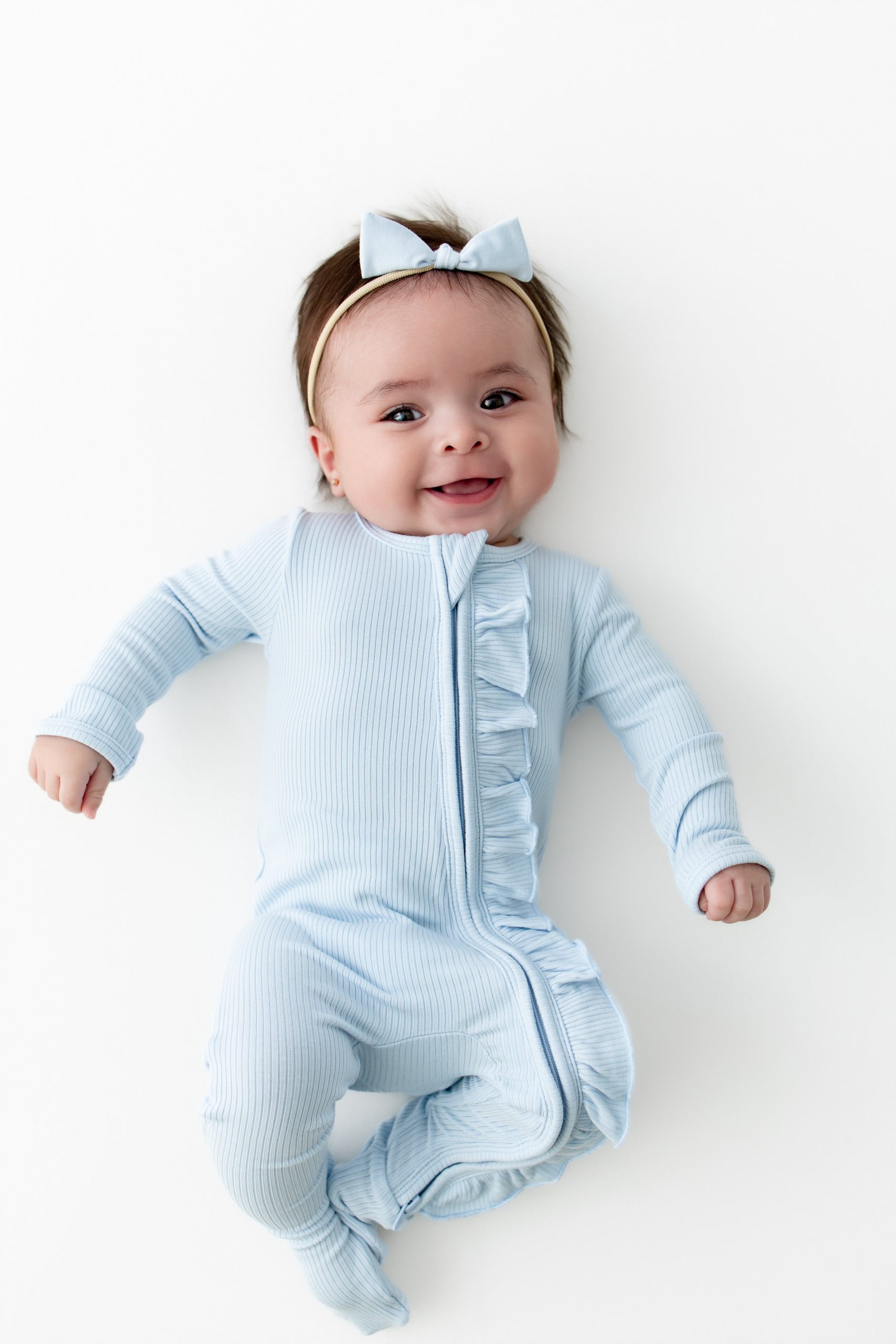 Ribbed Ruffle Zipper Footie in Breeze - Image 5