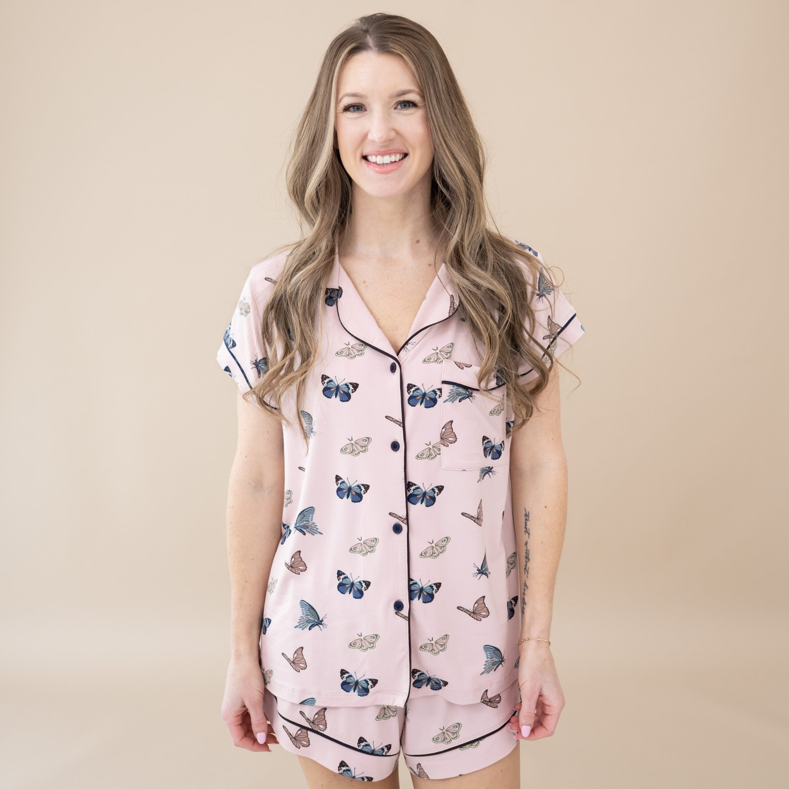 Womens Short Sleeve Pajama Set in Blush Butterfly