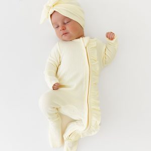 Ribbed Ruffle Zipper Footie in Chamomile