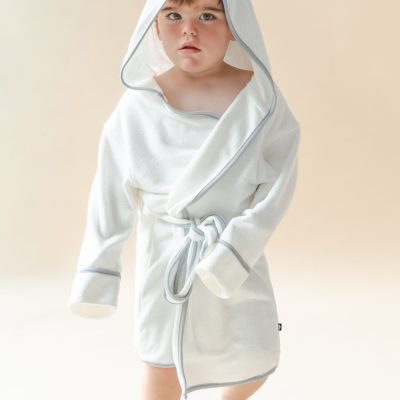 Hooded Bath Robe in Cloud with Storm Trim