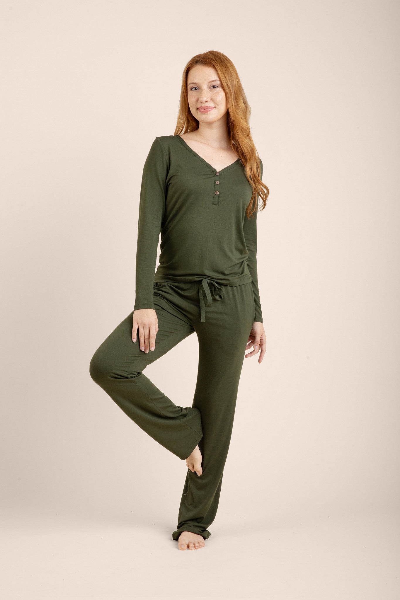 Women's Long Sleeve Henley Tee in Fir - Image 2