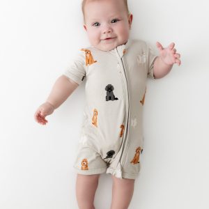 Zippered Shortall Romper in Fluffy Dog