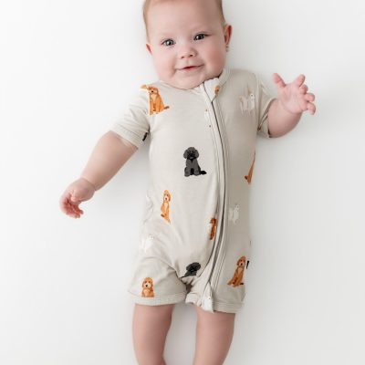 Zippered Shortall Romper in Fluffy Dog