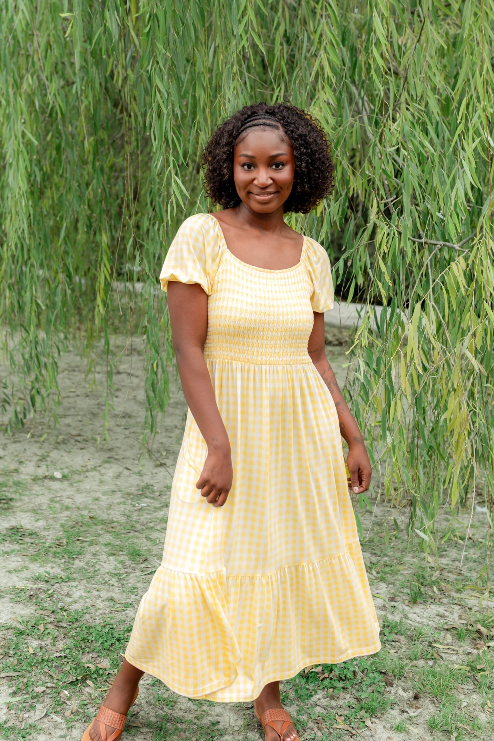 Womens Smocked Dress in Gingham Chamomile
