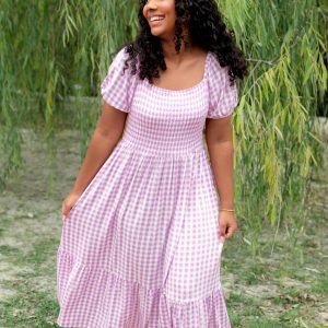 Womens Smocked Dress in Gingham Thistle