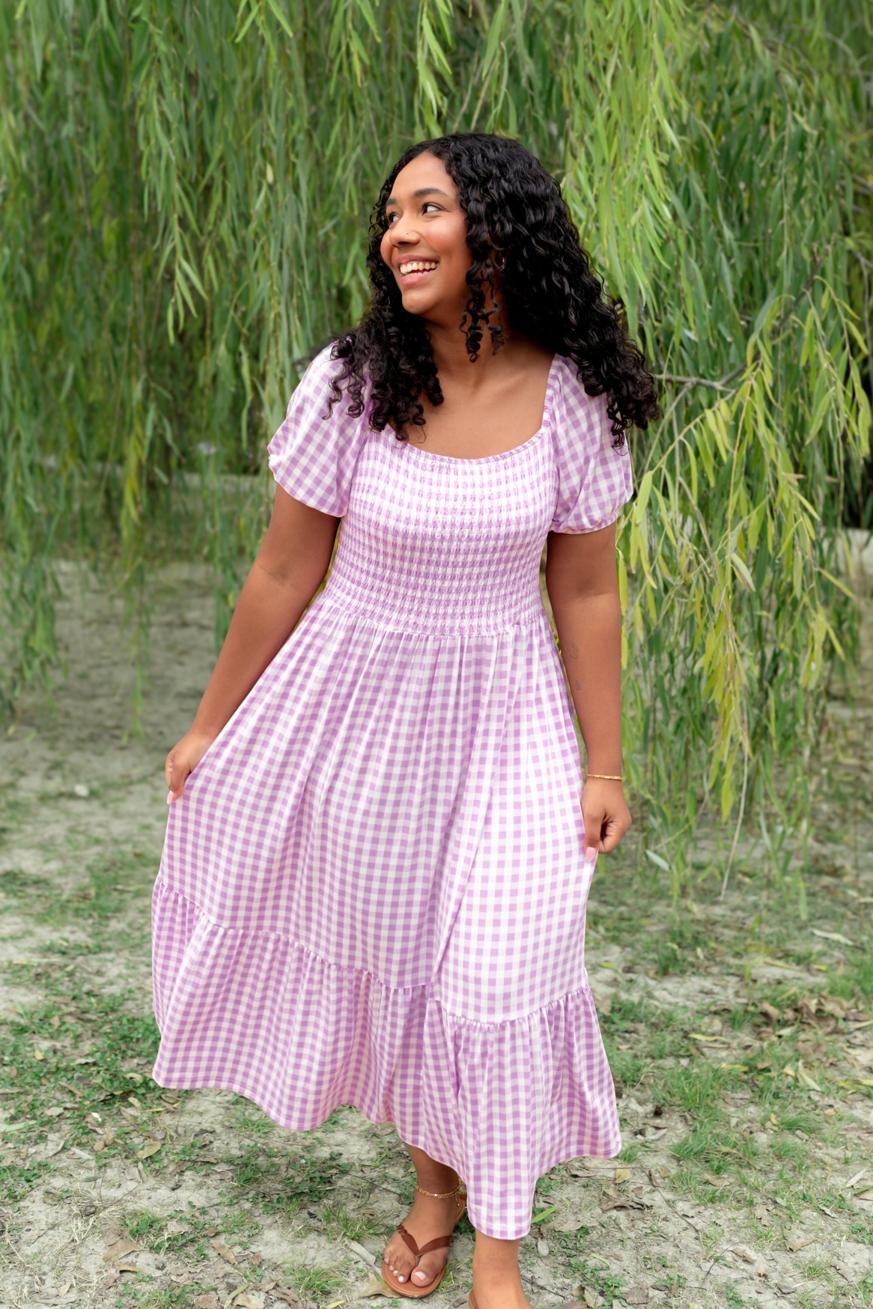 Womens Smocked Dress in Gingham Thistle