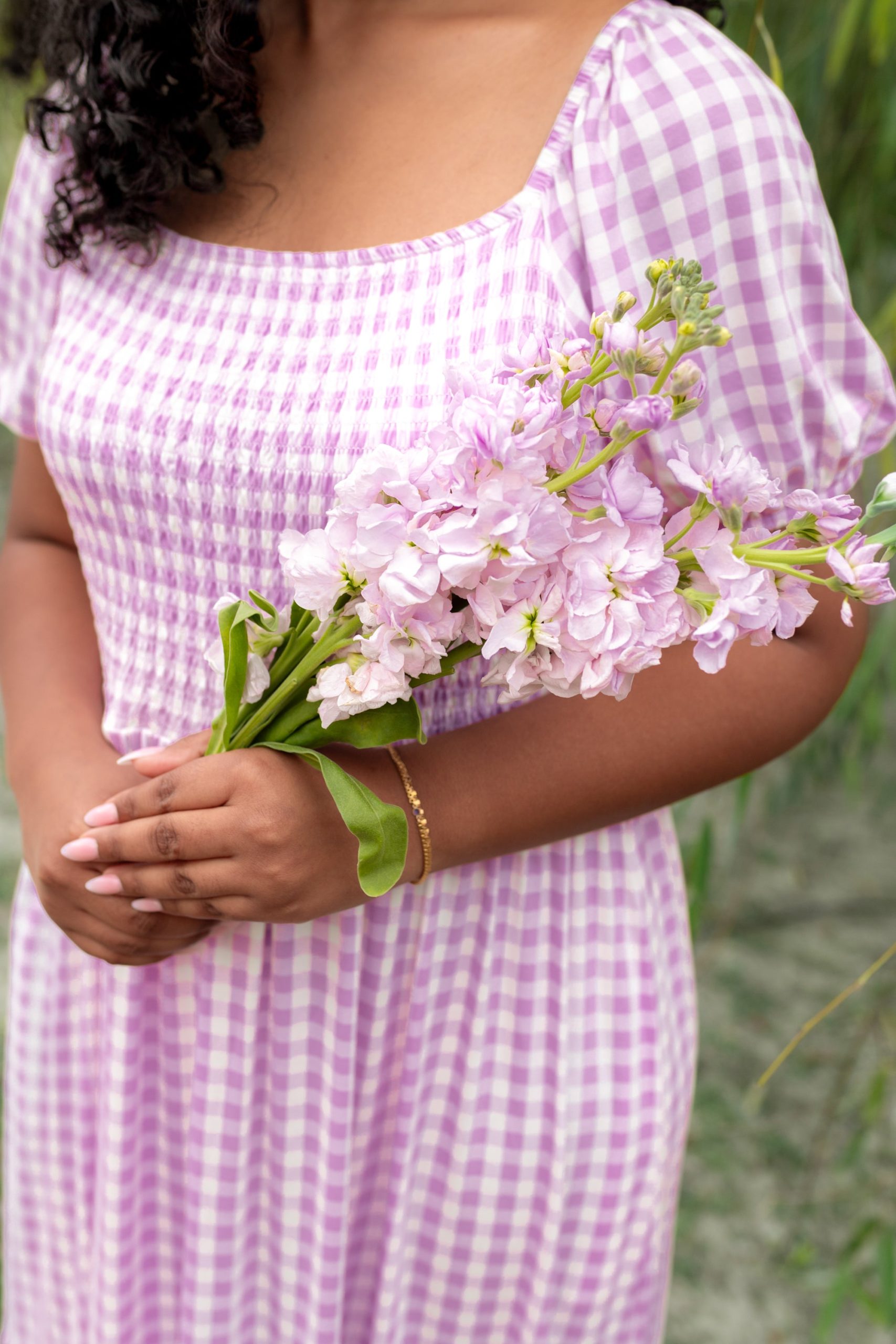 Womens Smocked Dress in Gingham Thistle - Image 5