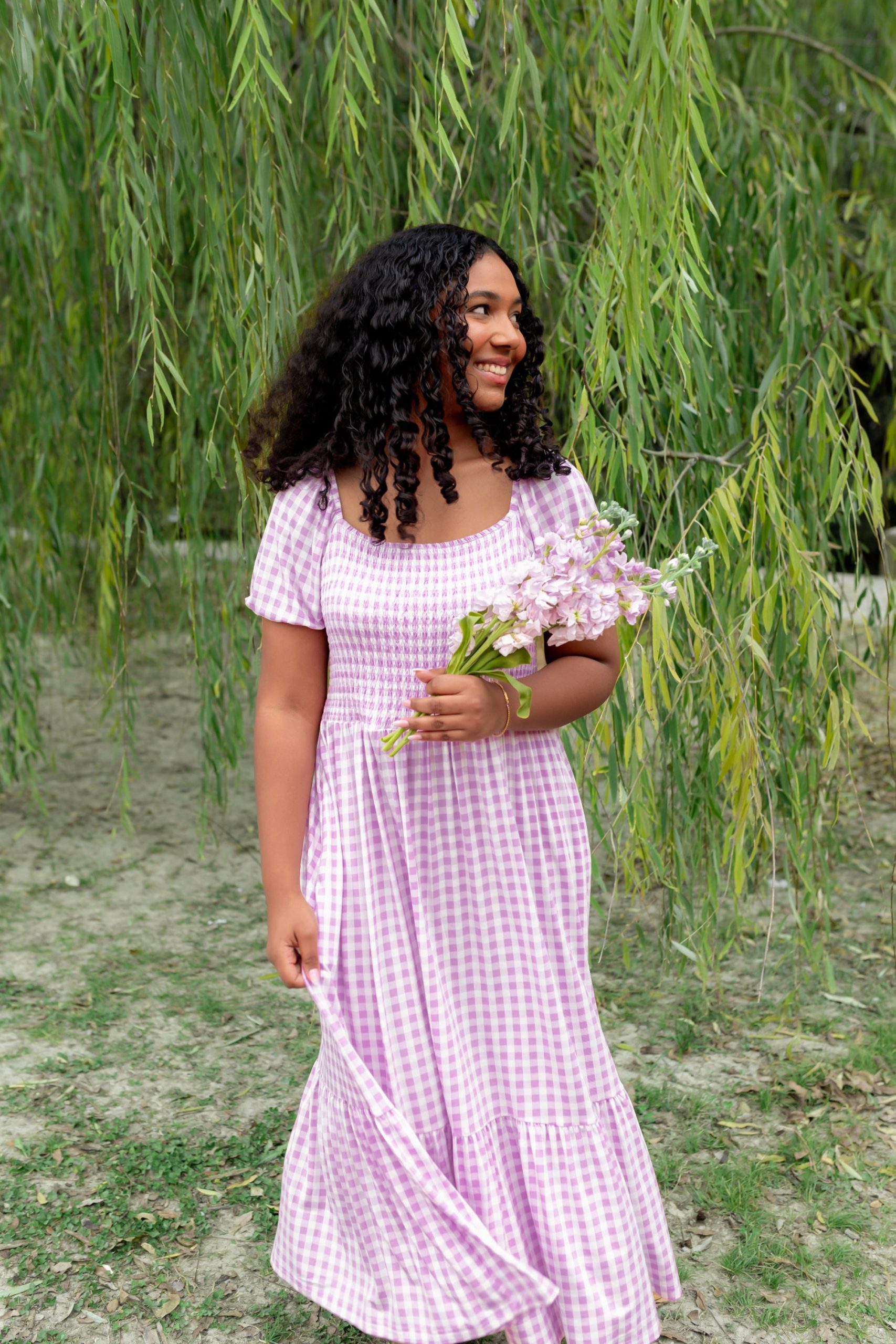 Womens Smocked Dress in Gingham Thistle - Image 6