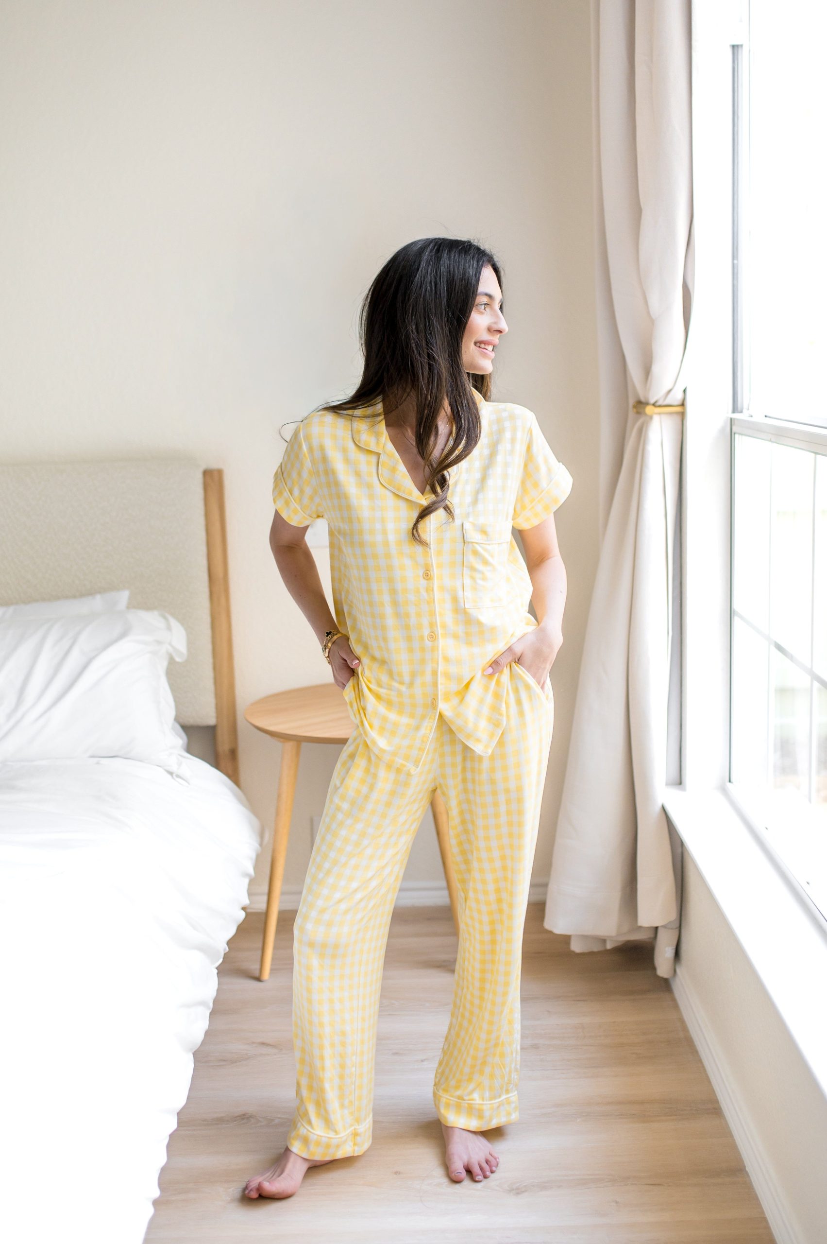 Women's Short Sleeve Cropped Pajama Set in Gingham Chamomile - Image 5