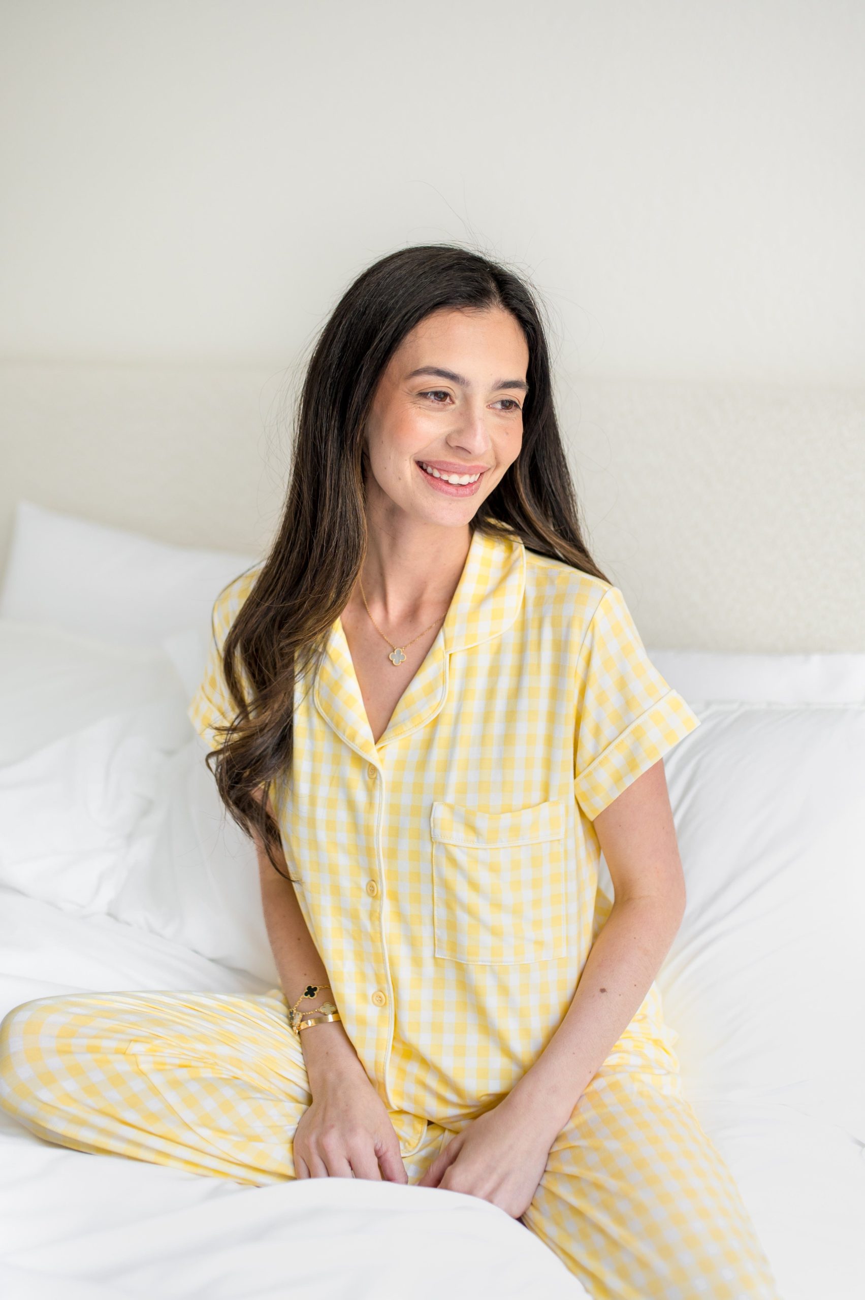 Women's Short Sleeve Cropped Pajama Set in Gingham Chamomile - Image 6