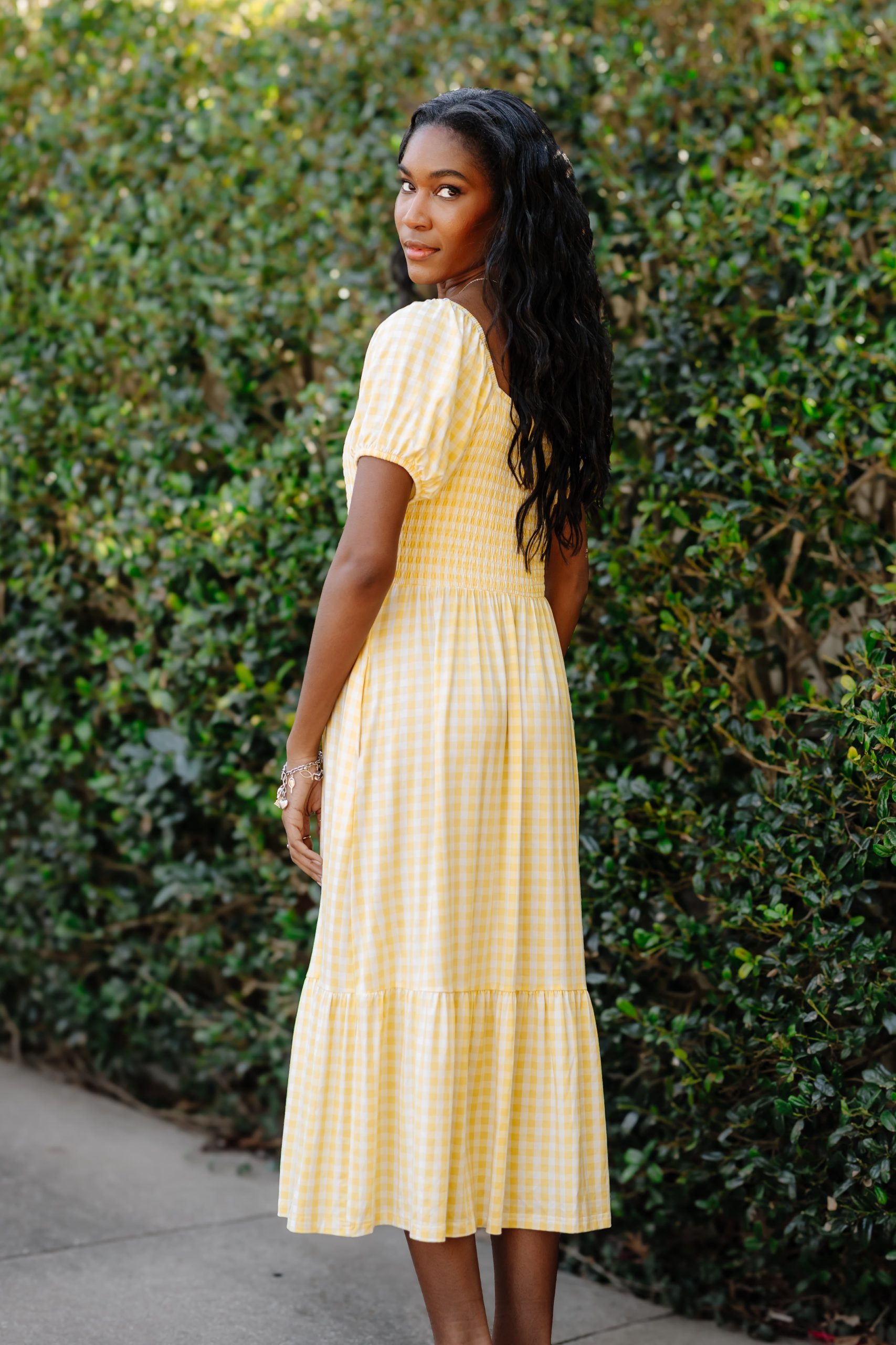 Womens Smocked Dress in Gingham Chamomile - Image 6