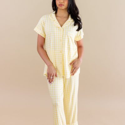 Women's Short Sleeve Cropped Pajama Set in Gingham Chamomile