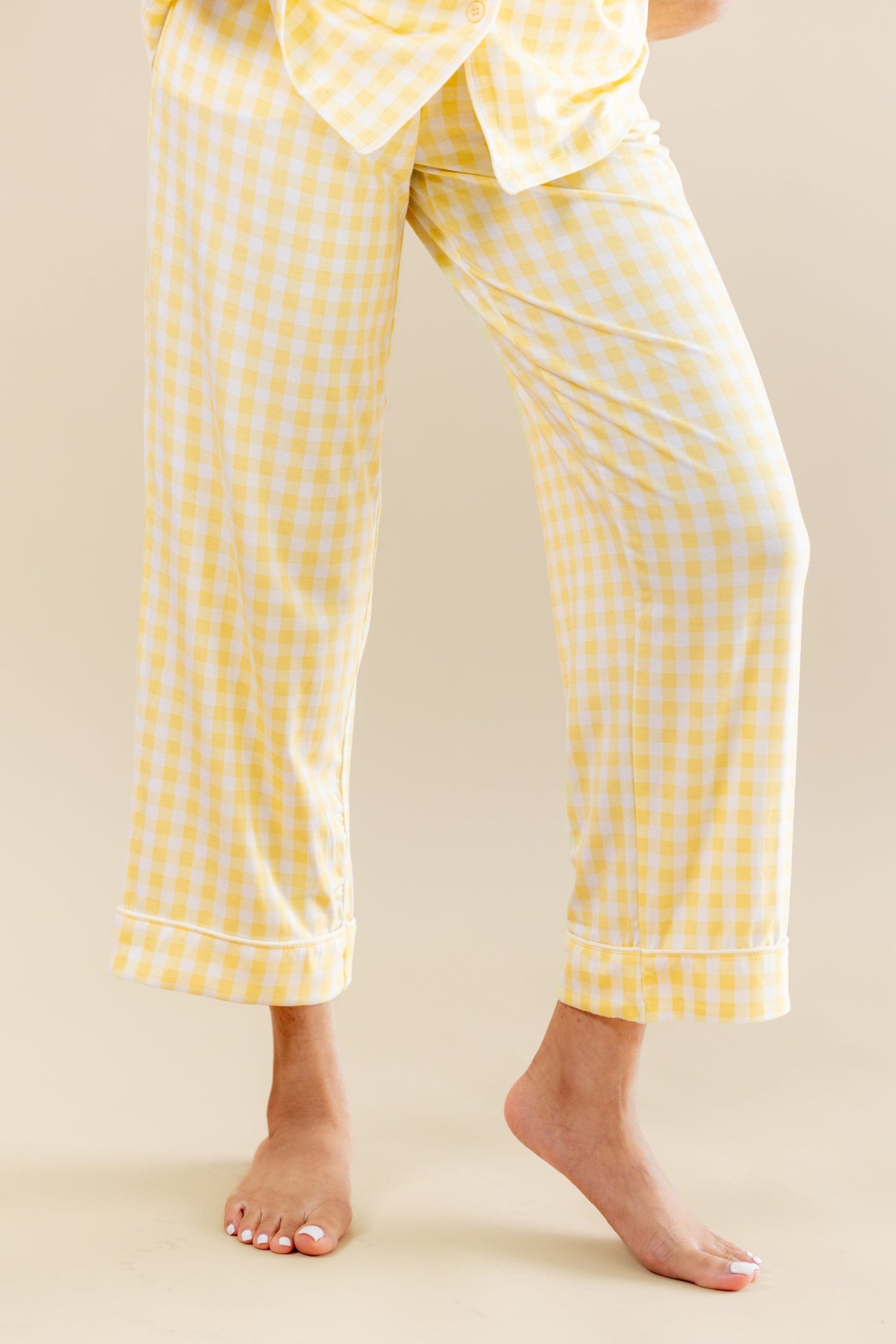 Women's Short Sleeve Cropped Pajama Set in Gingham Chamomile - Image 3