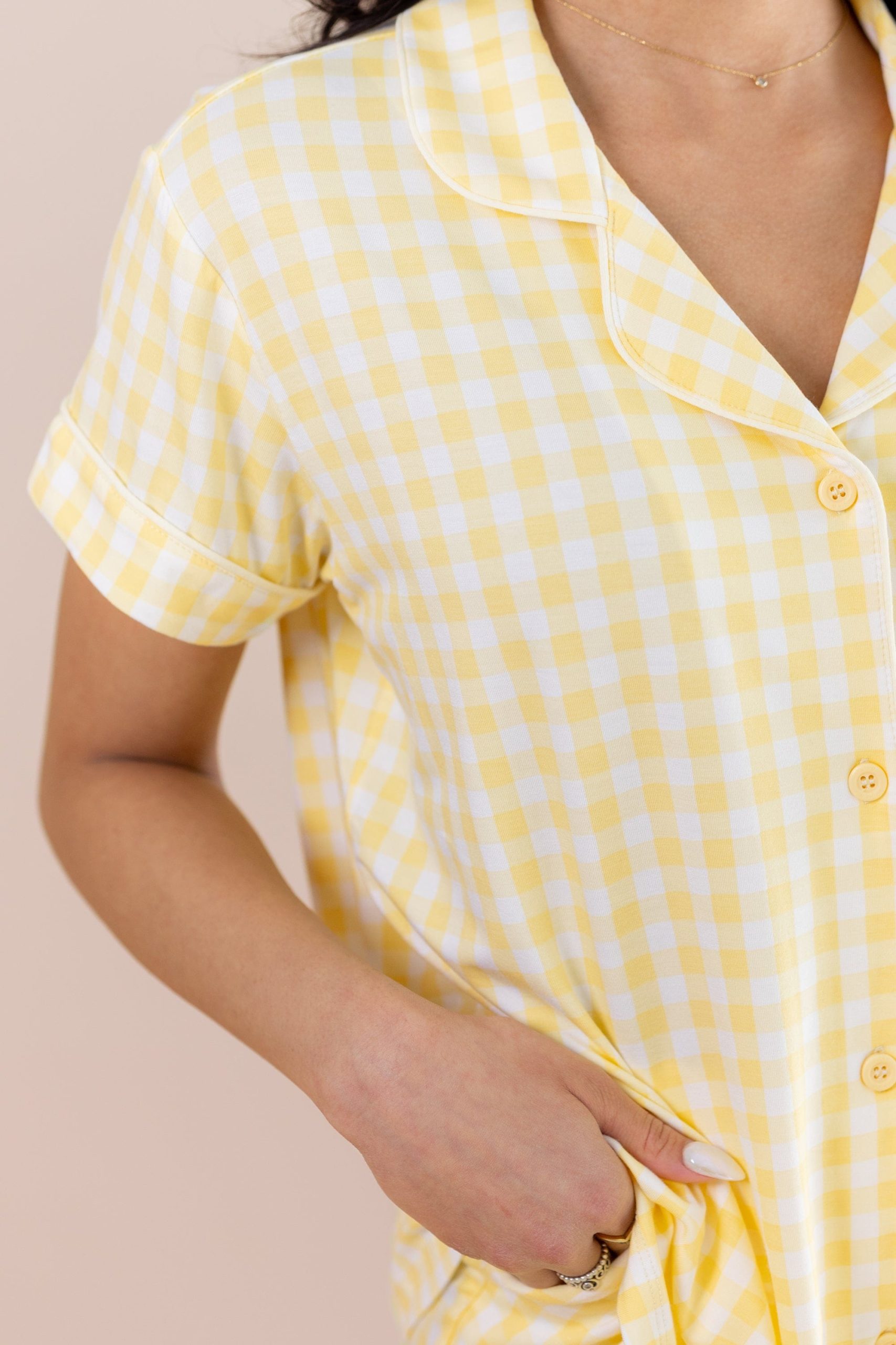 Women's Short Sleeve Cropped Pajama Set in Gingham Chamomile - Image 2