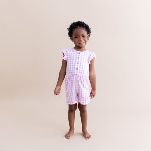 Flutter Sleeve Romper in Gingham Thistle