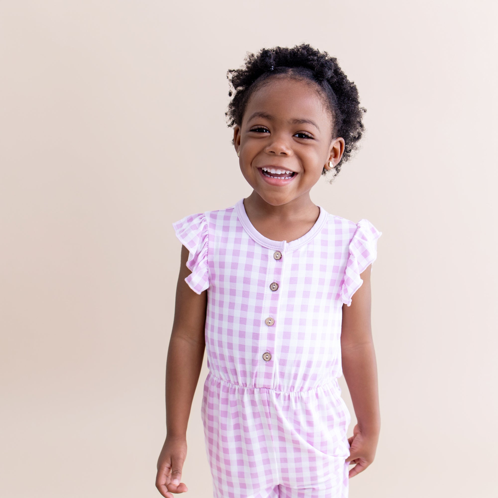 Flutter Sleeve Romper in Gingham Thistle - Image 4