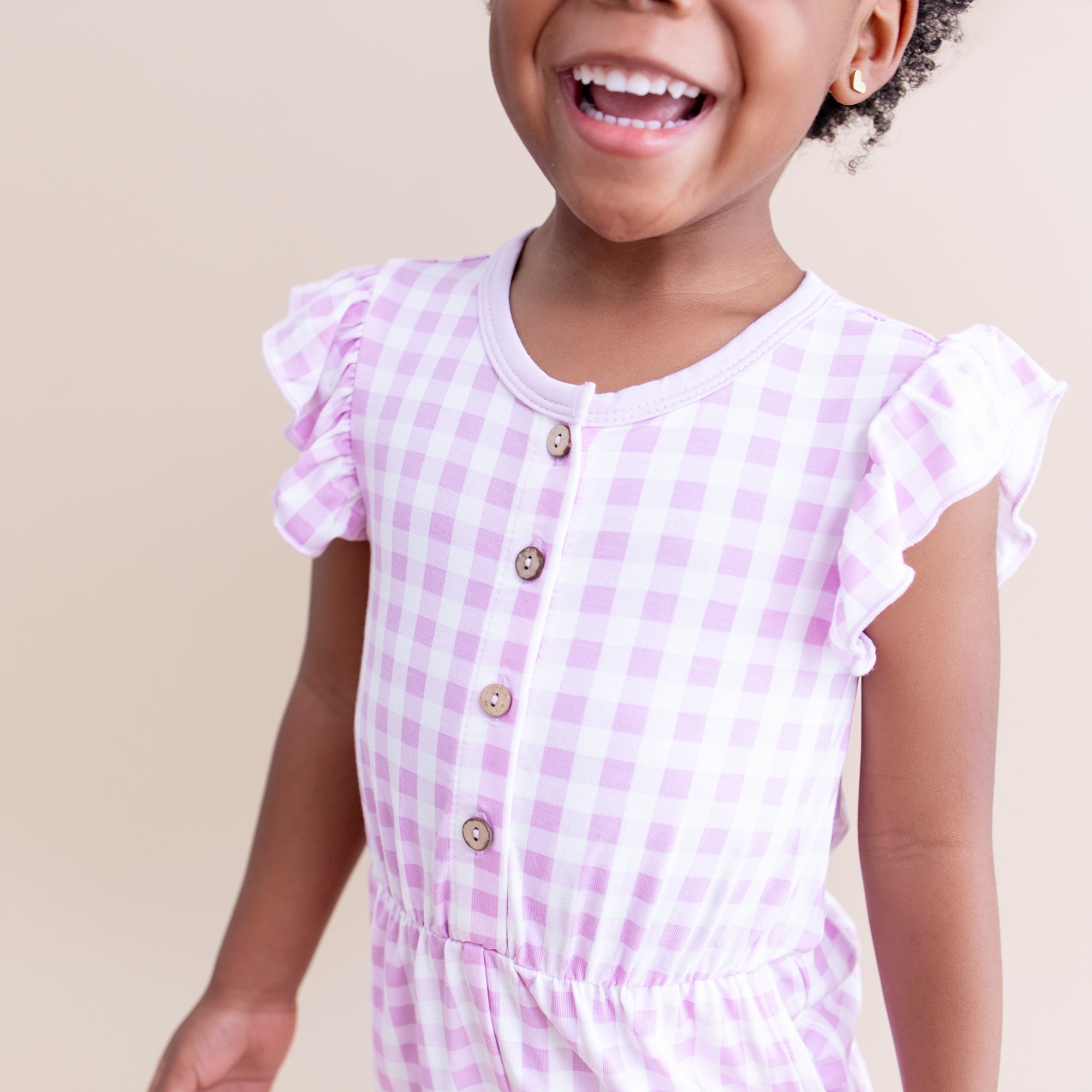 Flutter Sleeve Romper in Gingham Thistle - Image 3