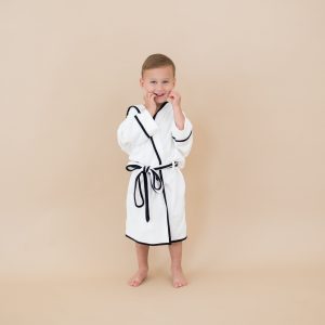 Hooded Bath Robe in Cloud with Midnight Trim