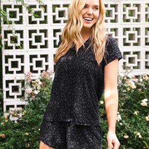 Womens Short Sleeve Pajama Set in Midnight Leopard