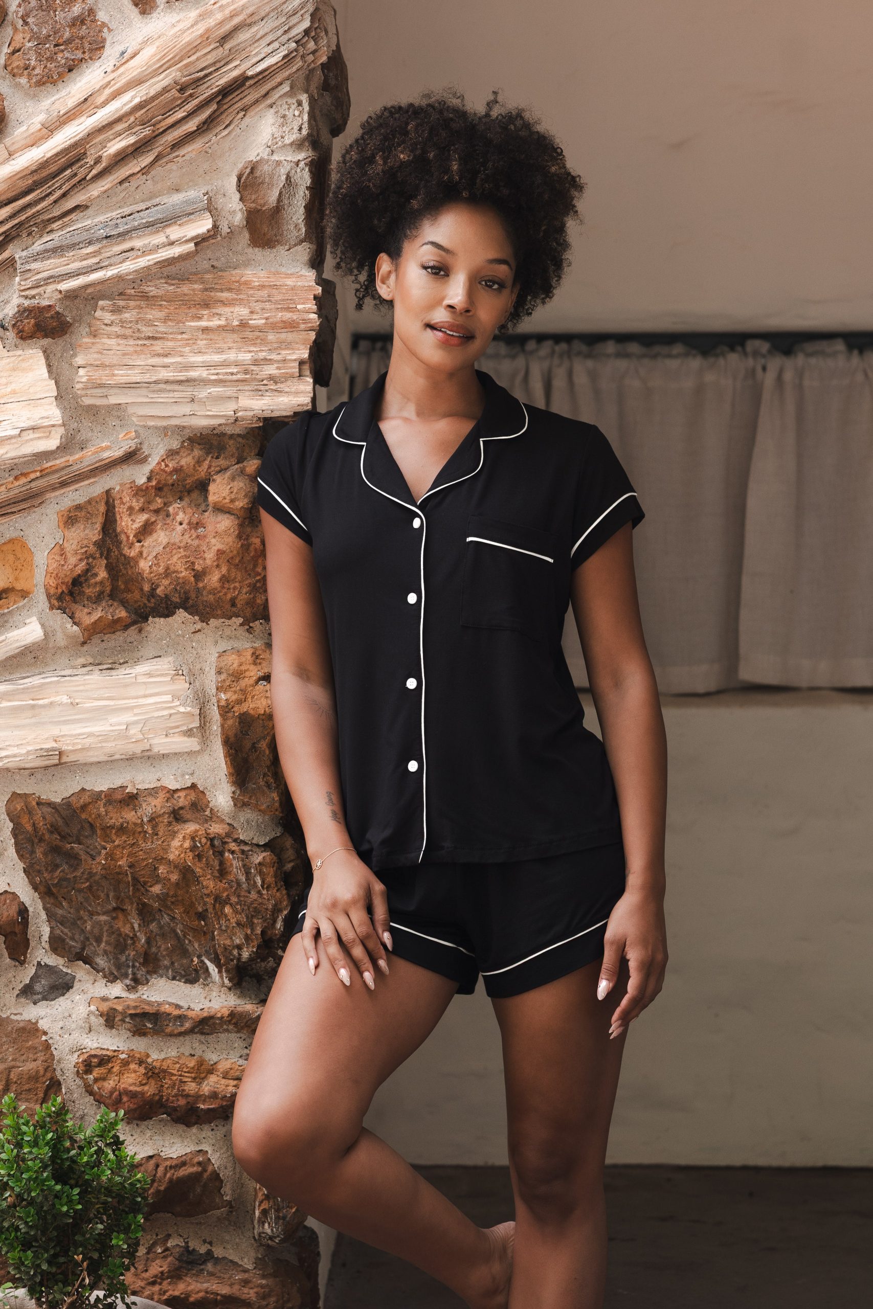 Womens Short Sleeve Pajama Set in Midnight with Cloud Trim