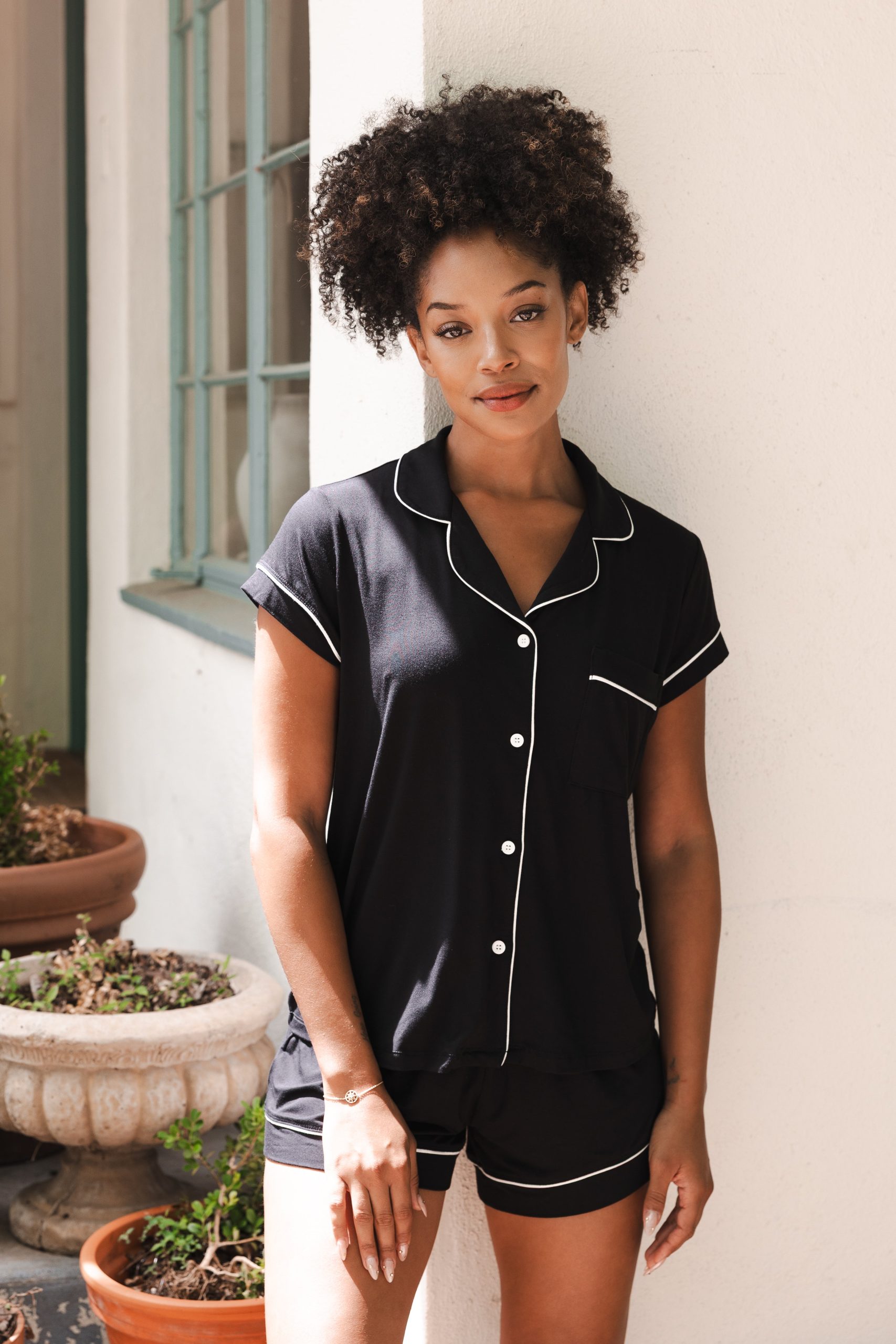 Womens Short Sleeve Pajama Set in Midnight with Cloud Trim - Image 5
