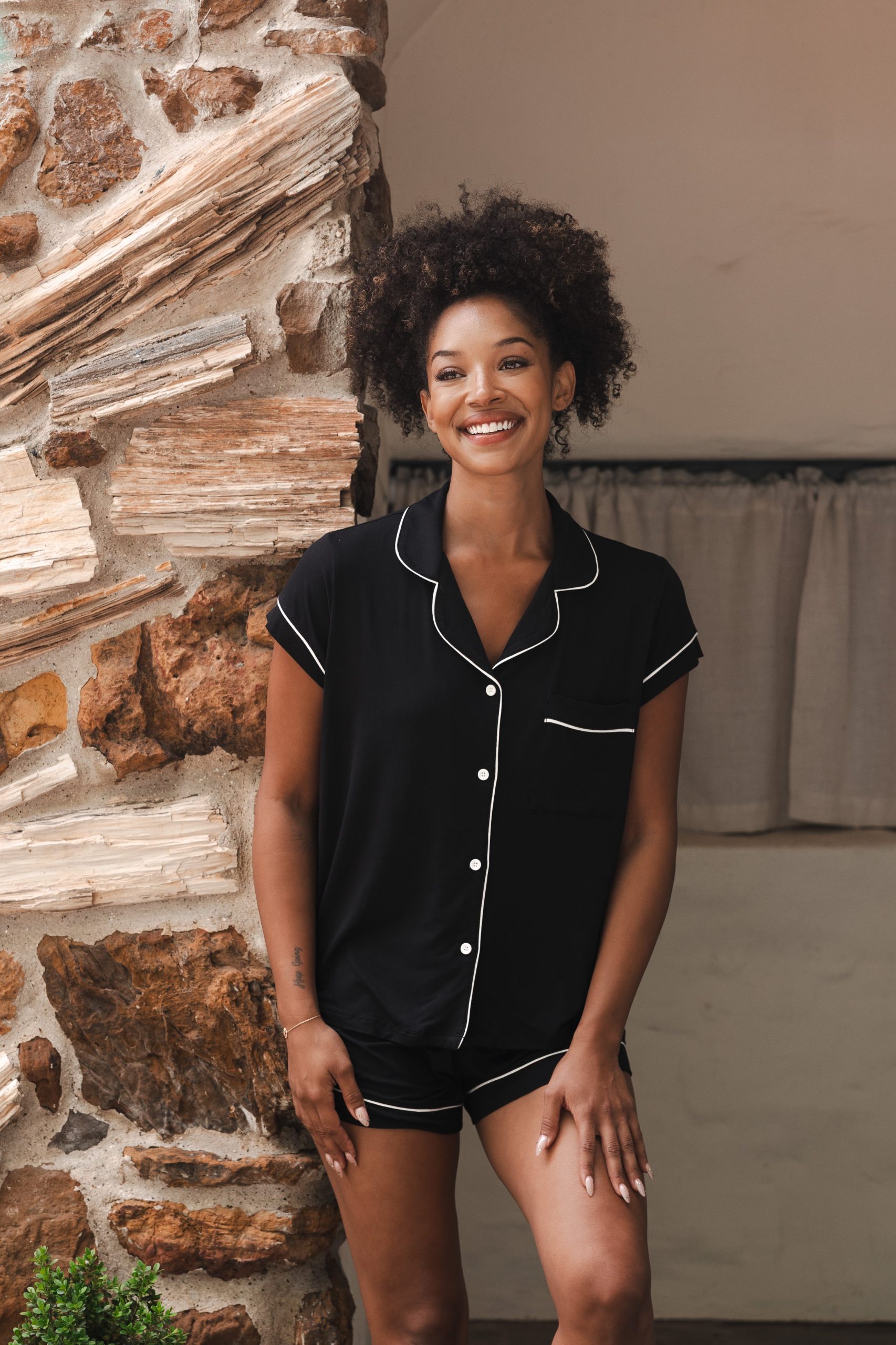 Womens Short Sleeve Pajama Set in Midnight with Cloud Trim - Image 3