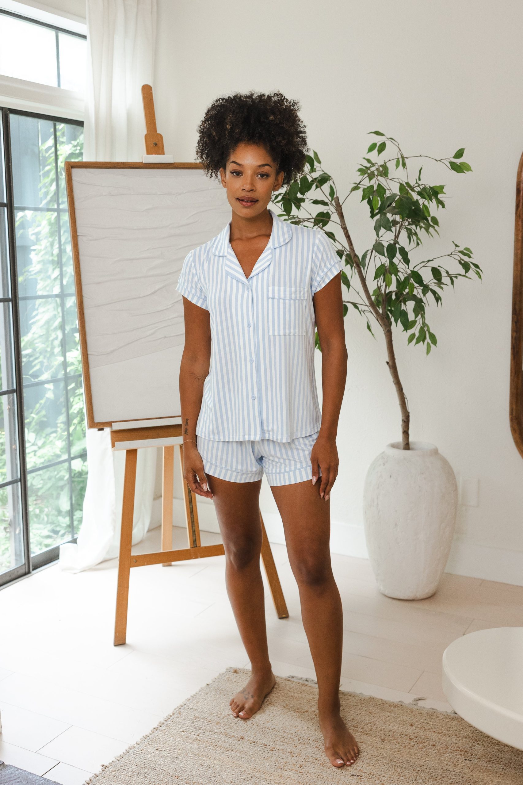 Women's Short Sleeve Pajama Set in Small Mist Stripe - Image 2