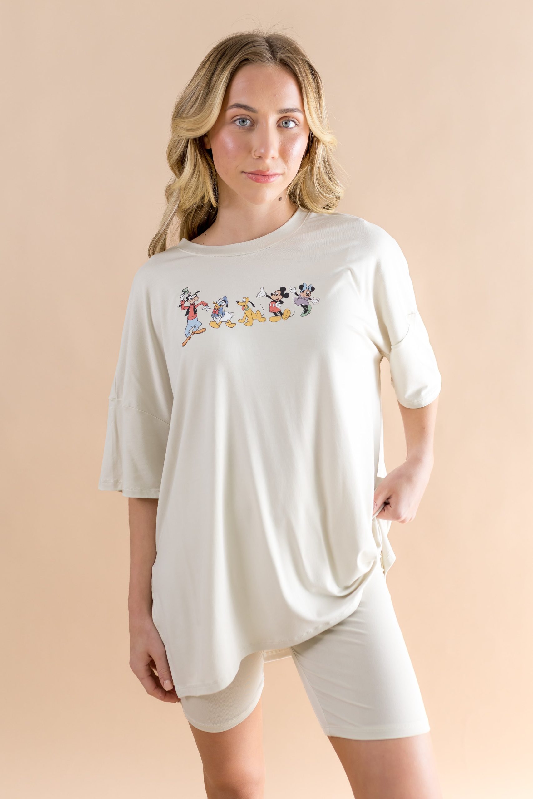 Womens Biker Short Set in Mickey and Friends on Ecru