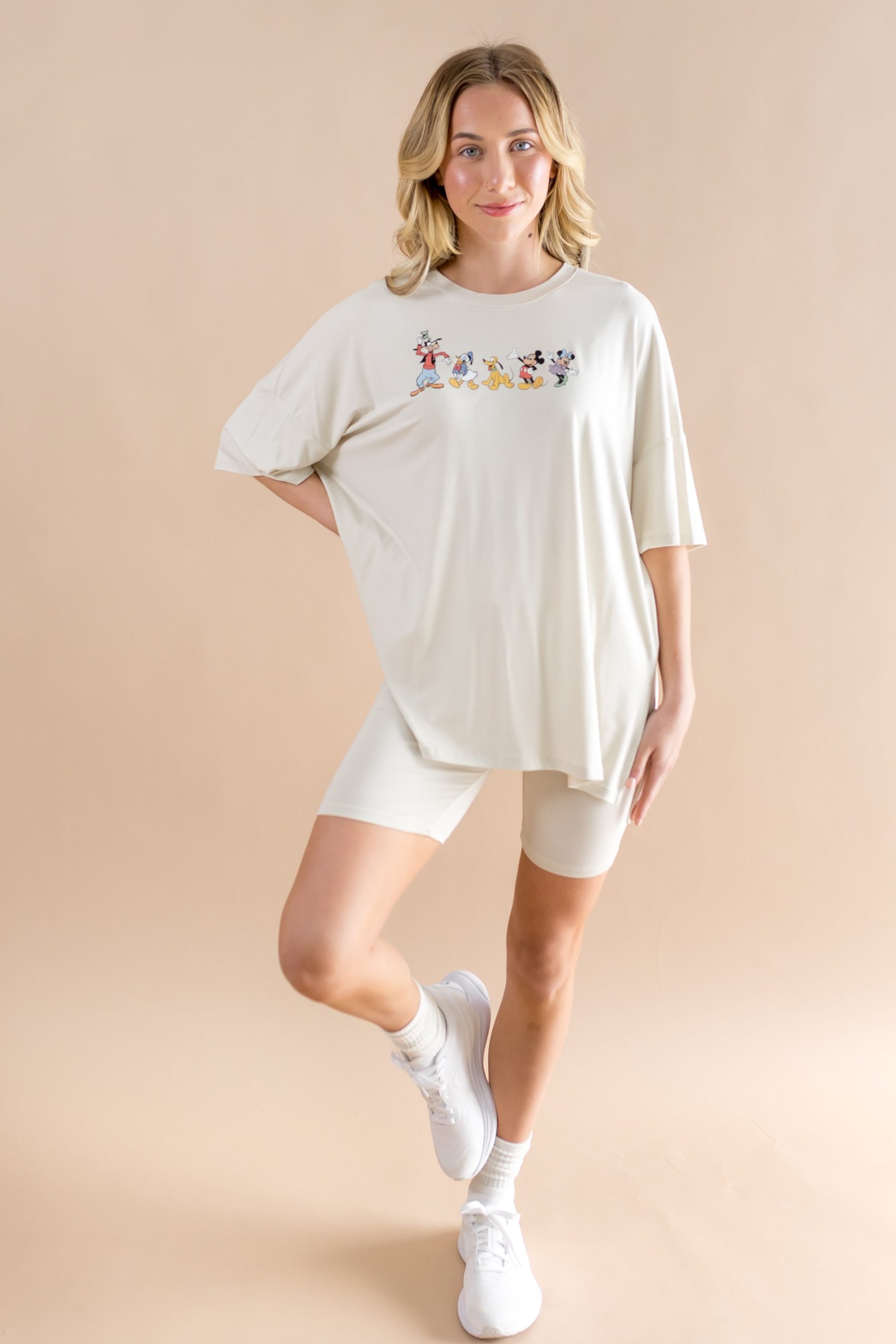 Womens Biker Short Set in Mickey and Friends on Ecru - Image 4
