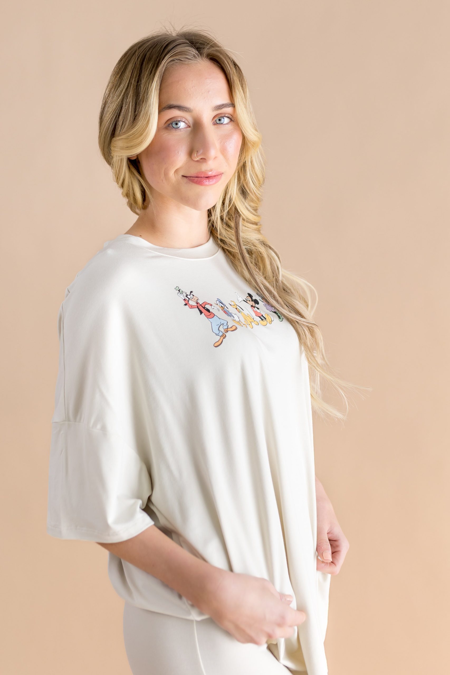 Womens Biker Short Set in Mickey and Friends on Ecru - Image 6