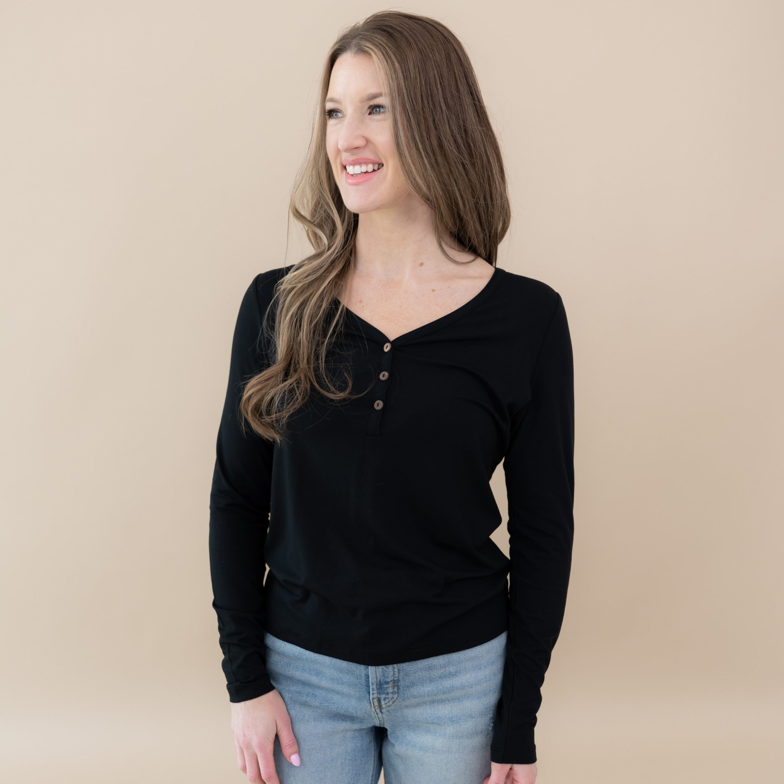 Women's Long Sleeve Henley Tee in Midnight - Image 2