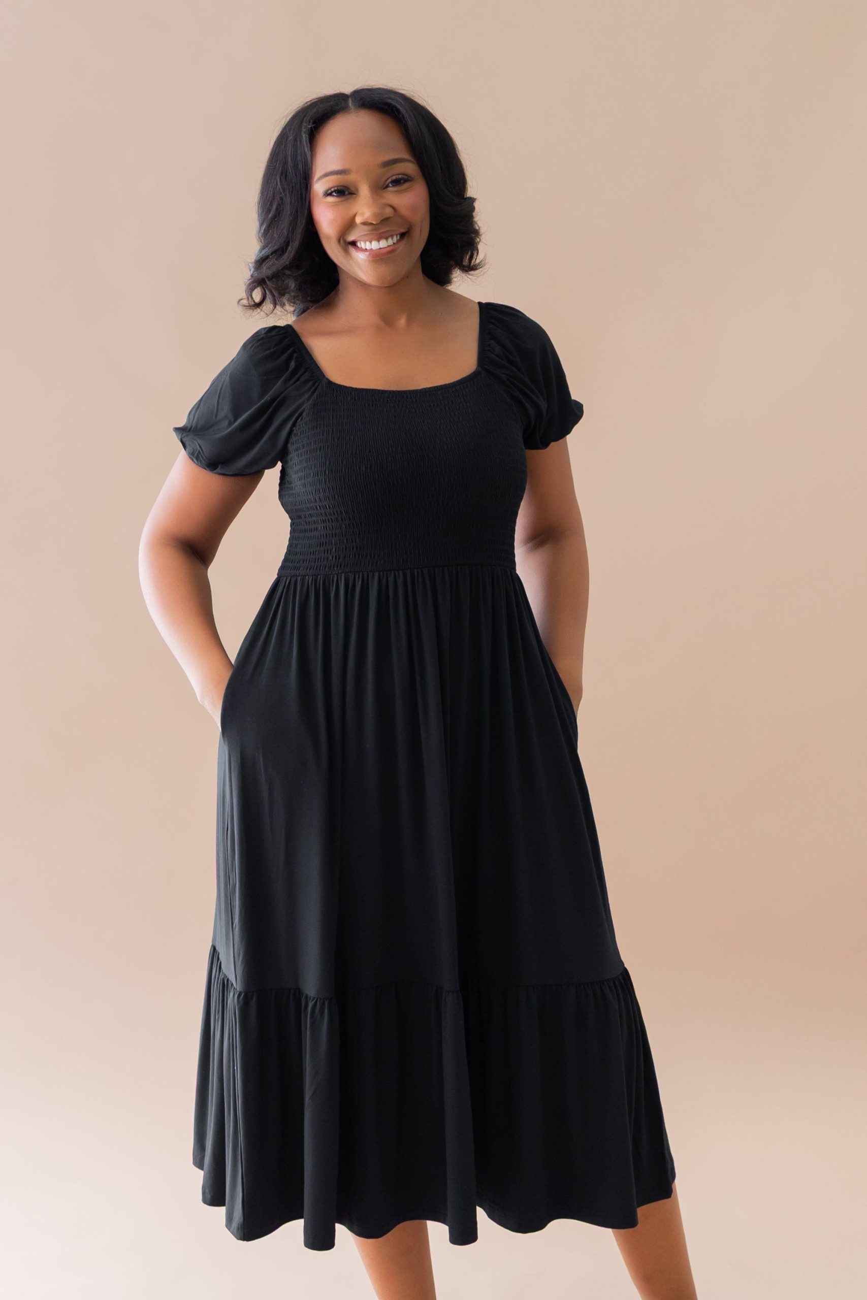 Womens Smocked Dress in Midnight - Image 2