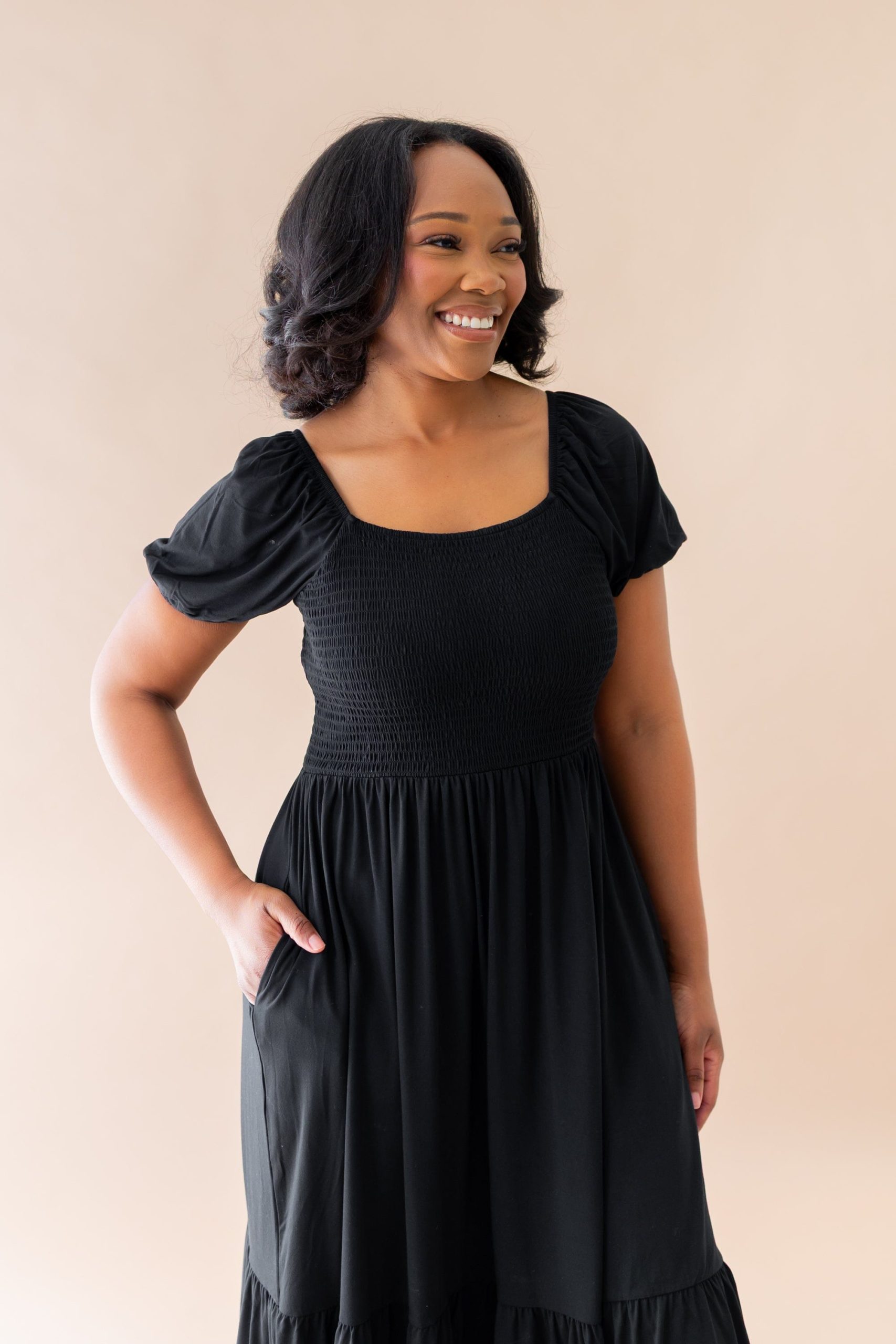 Womens Smocked Dress in Midnight - Image 4