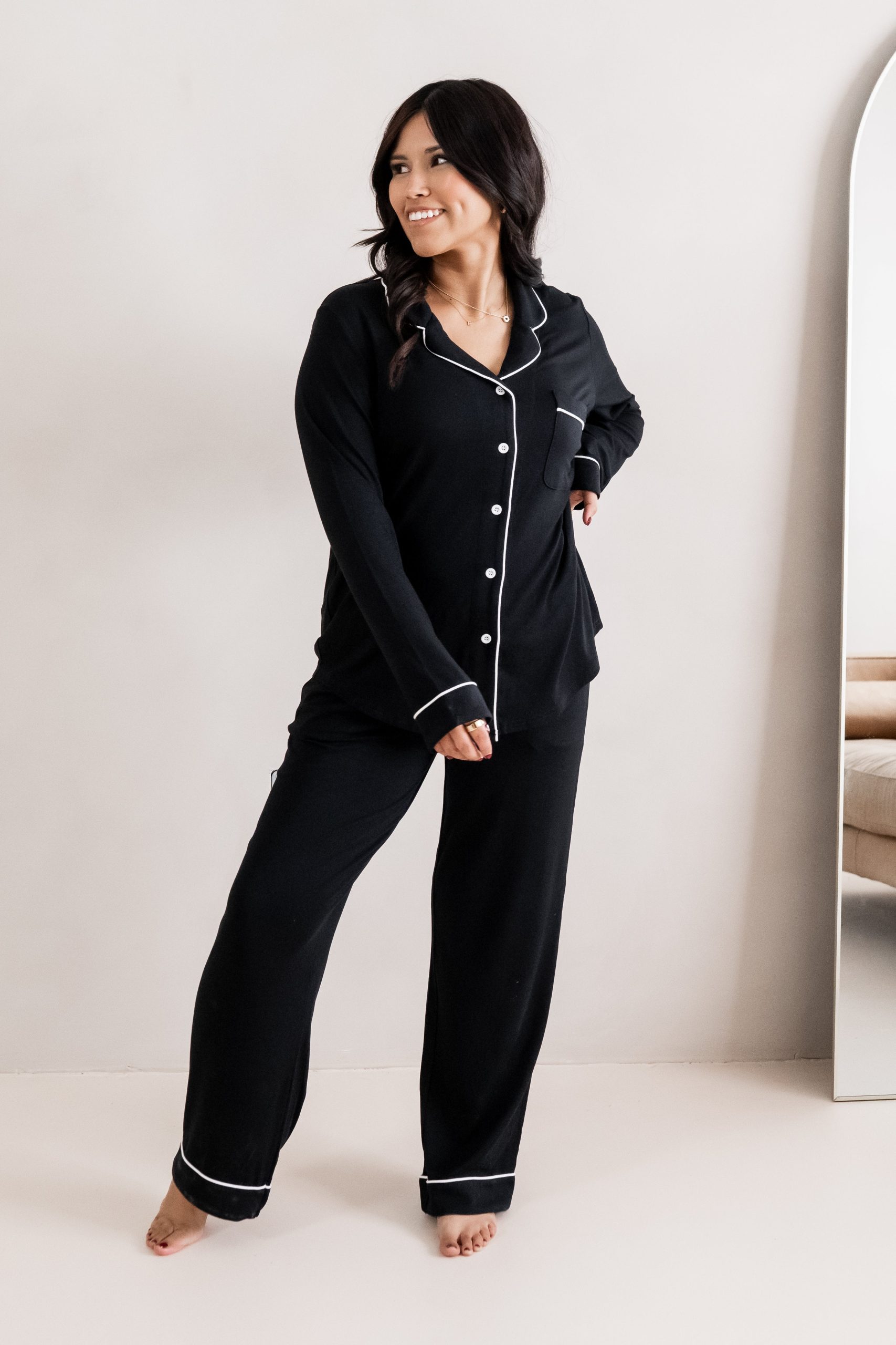 Long-Sleeved Women's Pajama Set in Midnight with Cloud Trim - Image 5